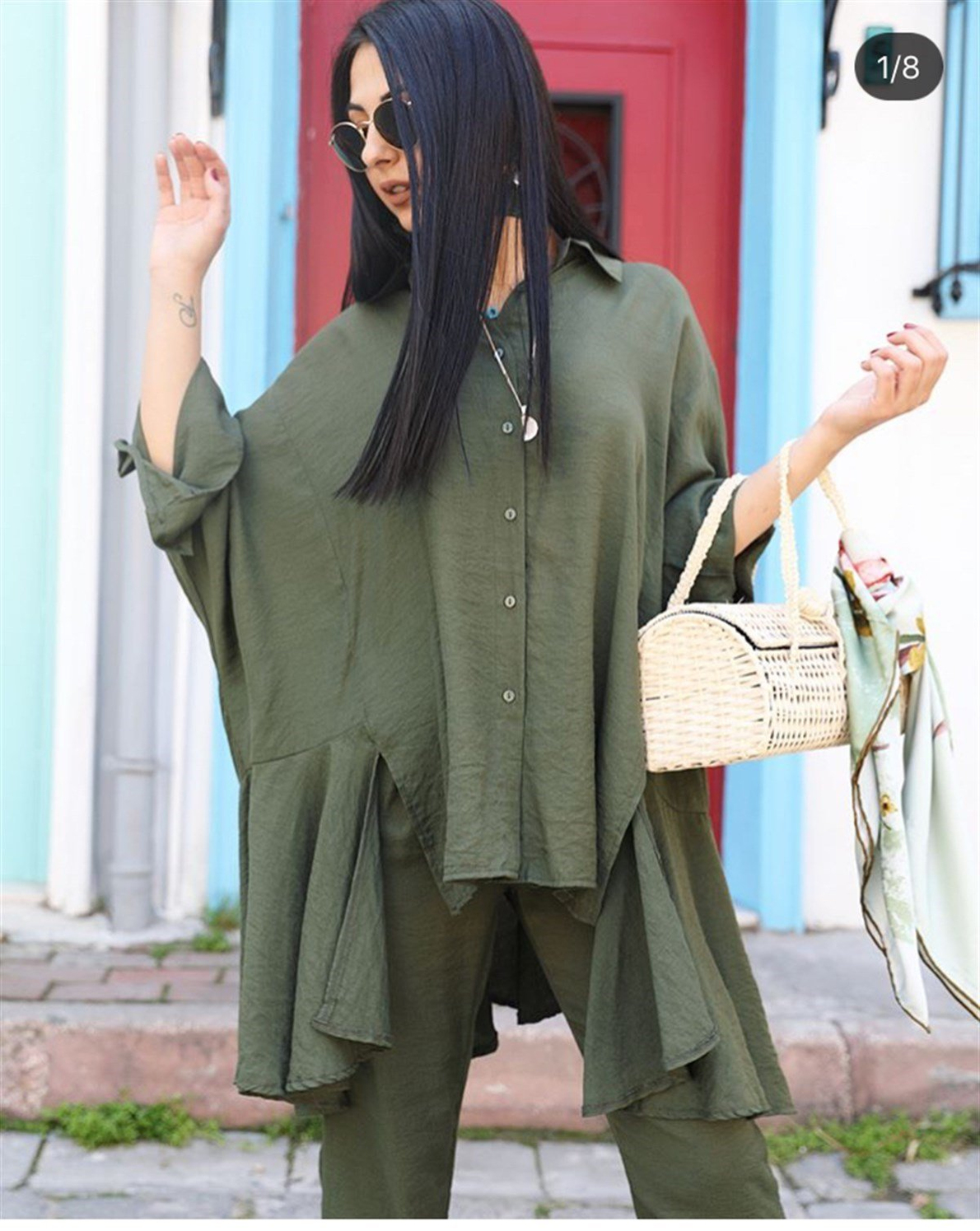 Hot Fashion Yeşil Keten oversize Takım