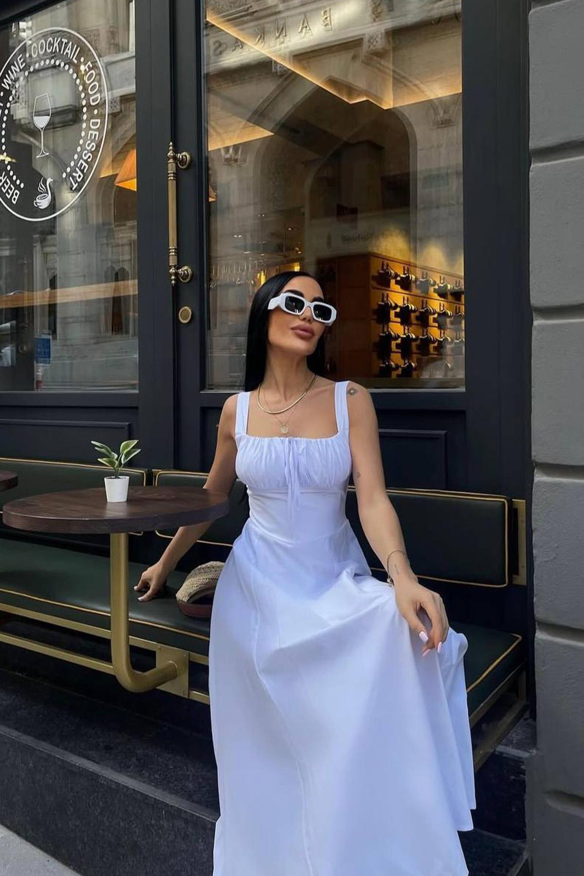 Kadın Beyaz Korse Görünümlü Poplin Midi Elbise