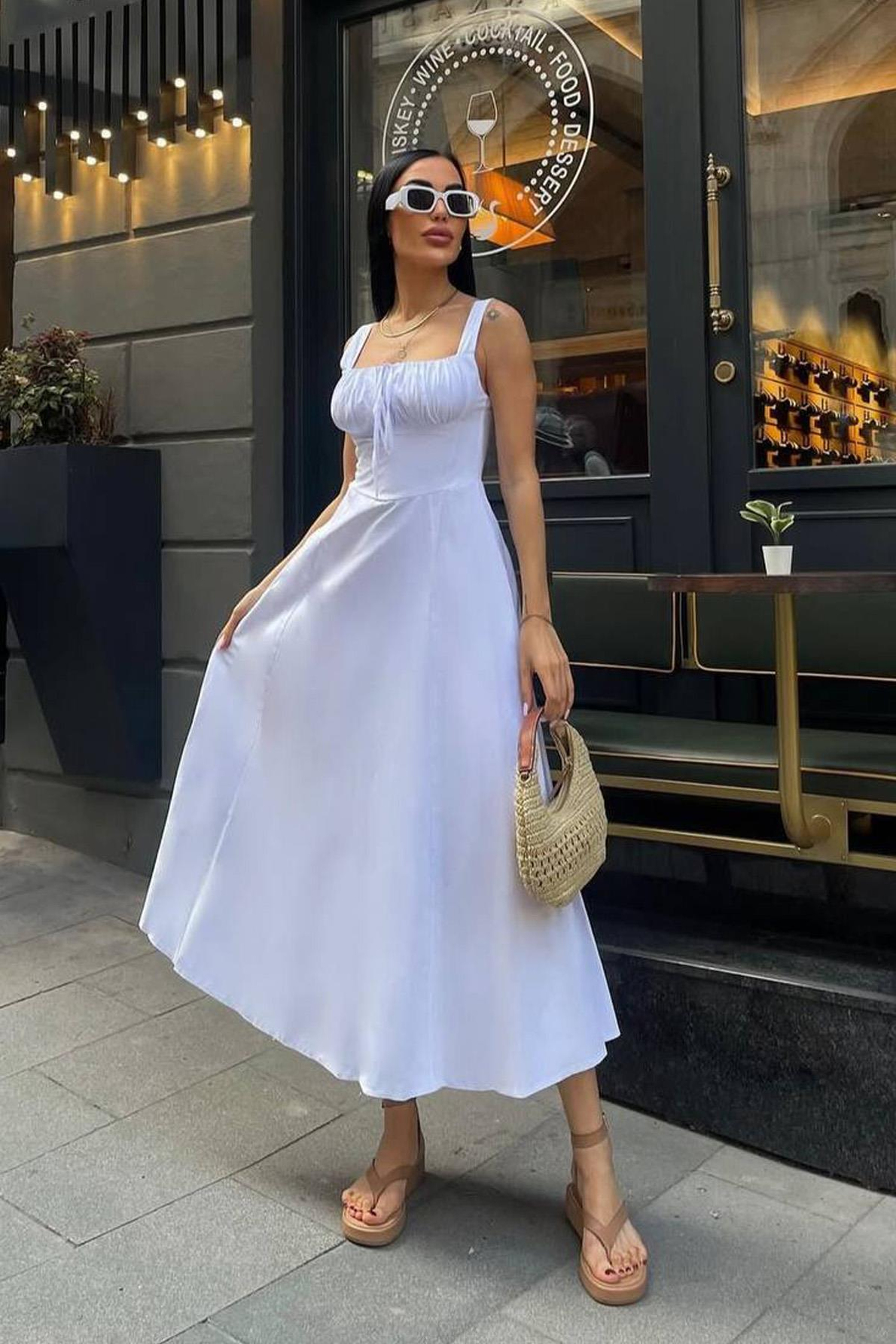 Kadın Beyaz Korse Görünümlü Poplin Midi Elbise