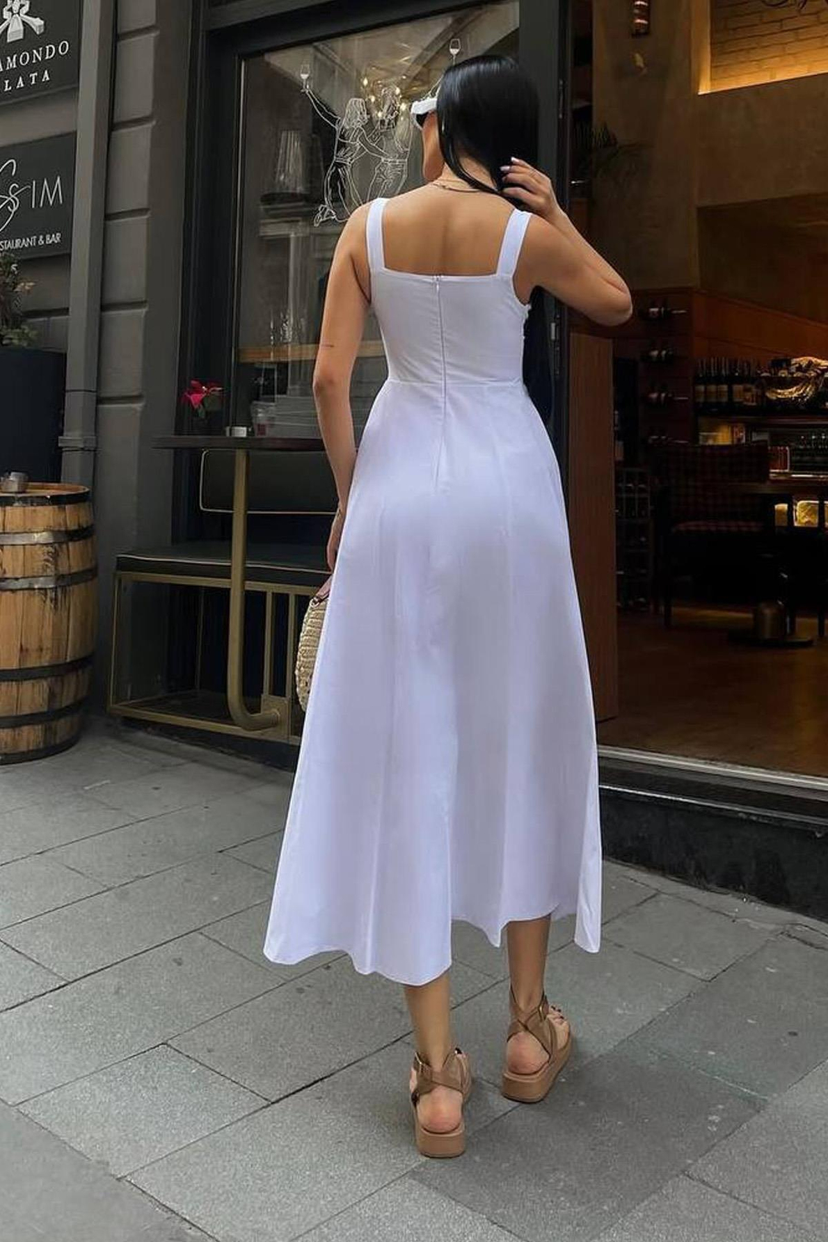 Kadın Beyaz Korse Görünümlü Poplin Midi Elbise