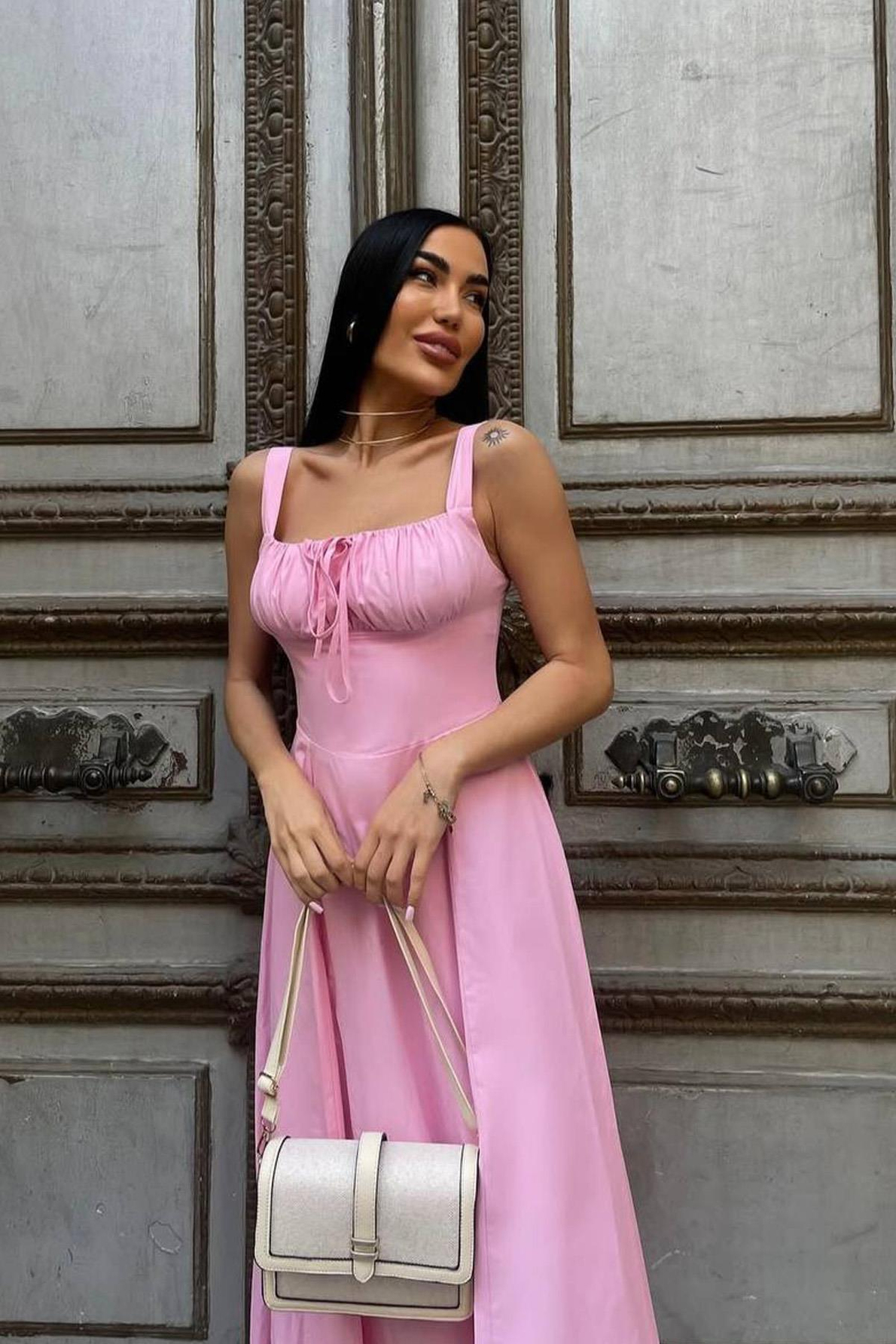 Kadın Pembe Korse Görünümlü Poplin Midi Elbise