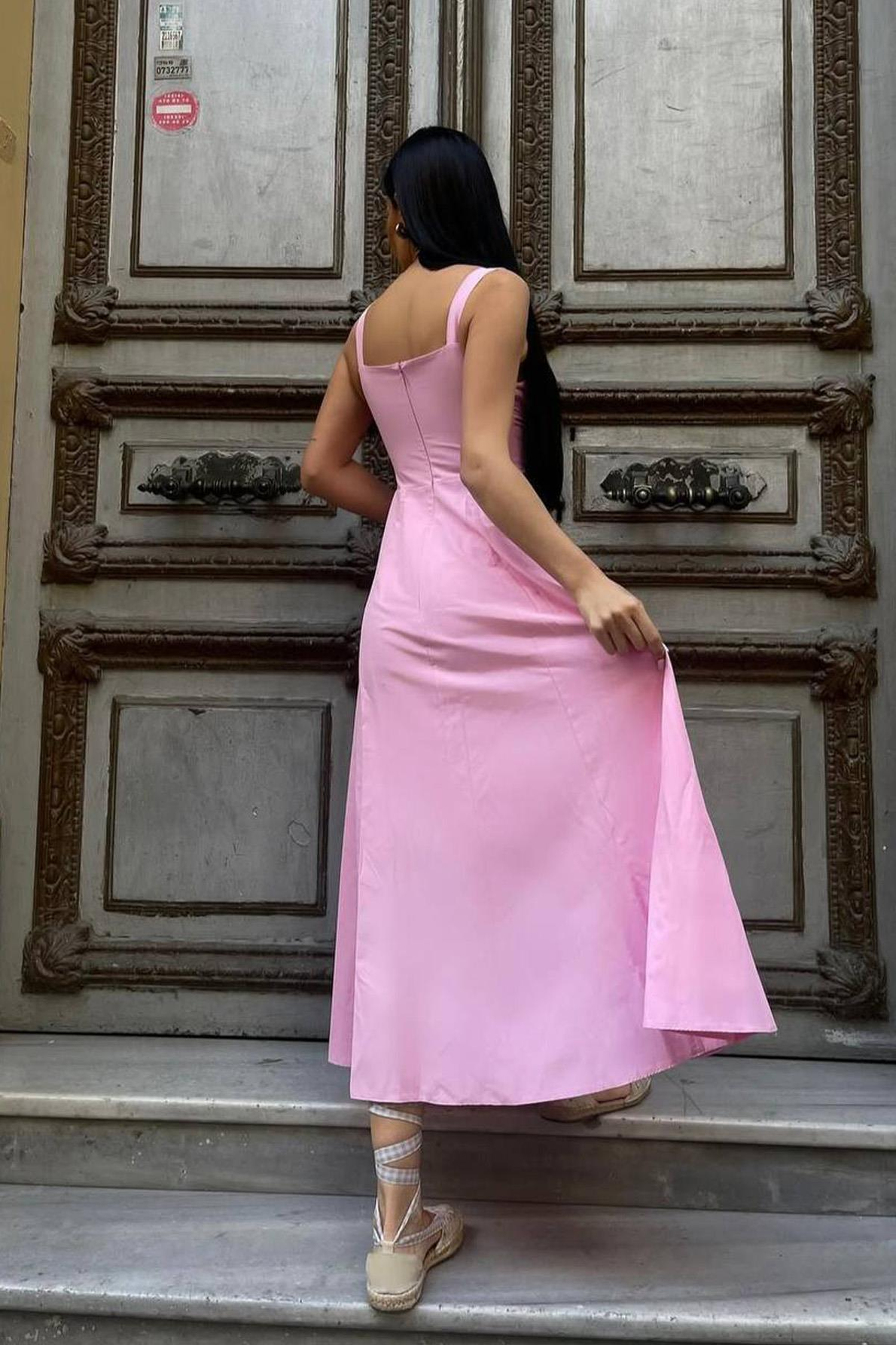 Kadın Pembe Korse Görünümlü Poplin Midi Elbise
