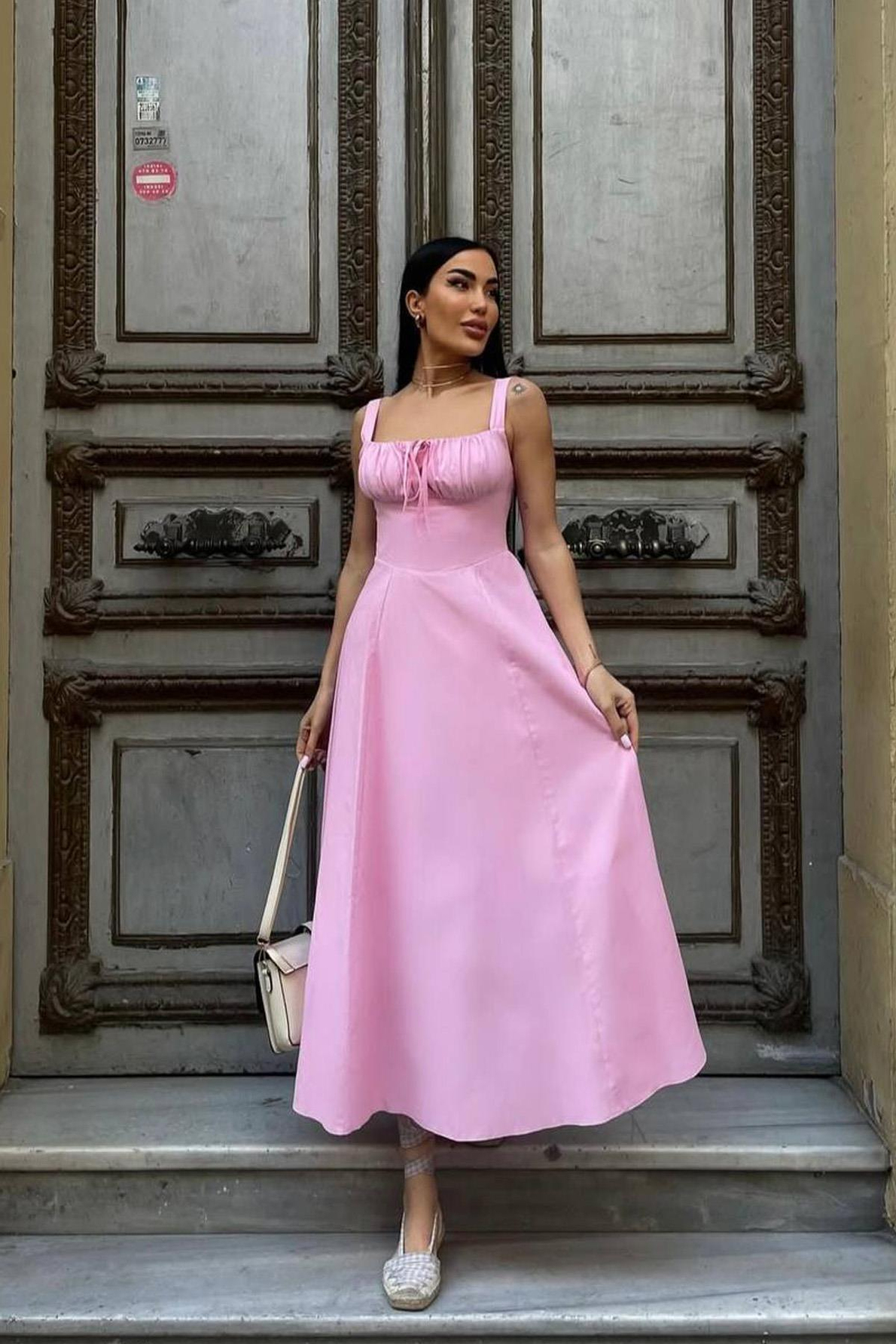 Kadın Pembe Korse Görünümlü Poplin Midi Elbise