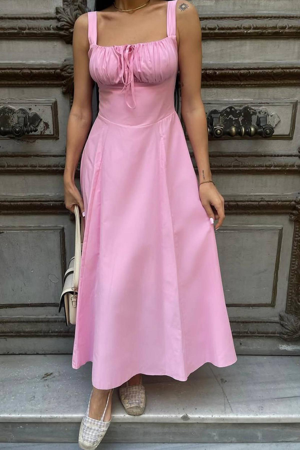 Kadın Pembe Korse Görünümlü Poplin Midi Elbise