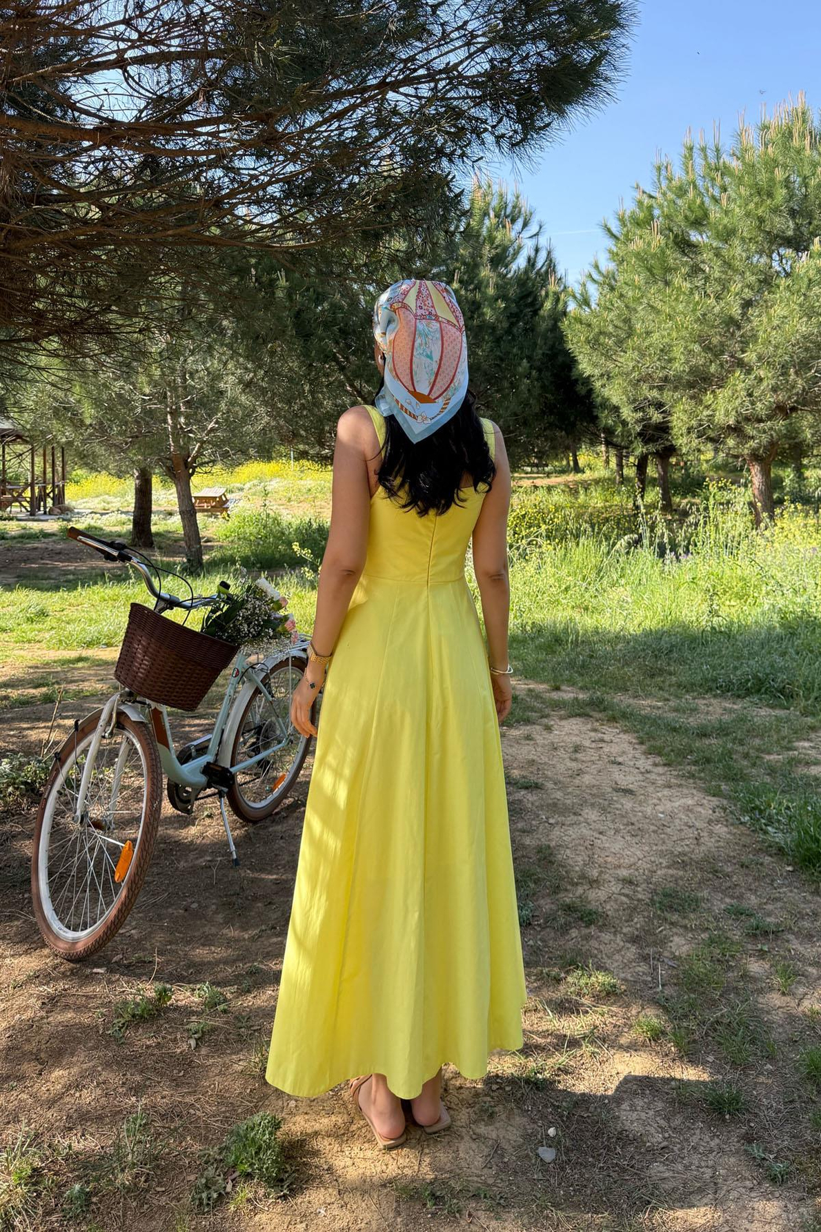 Kadın Sarı Korse Görünümlü Poplin Midi Elbise