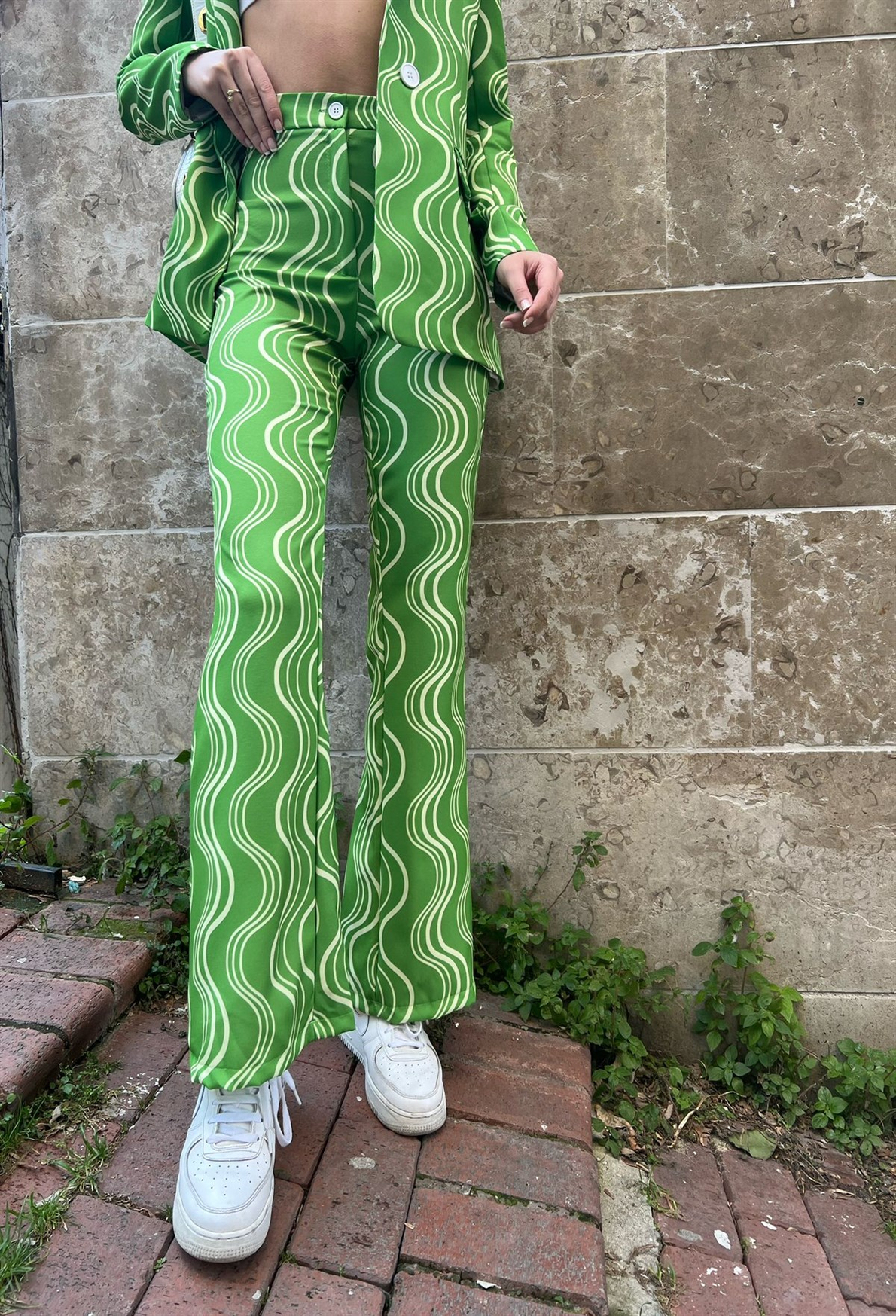 Kadın Yeşil Desenli Ceket Pantolon Takım