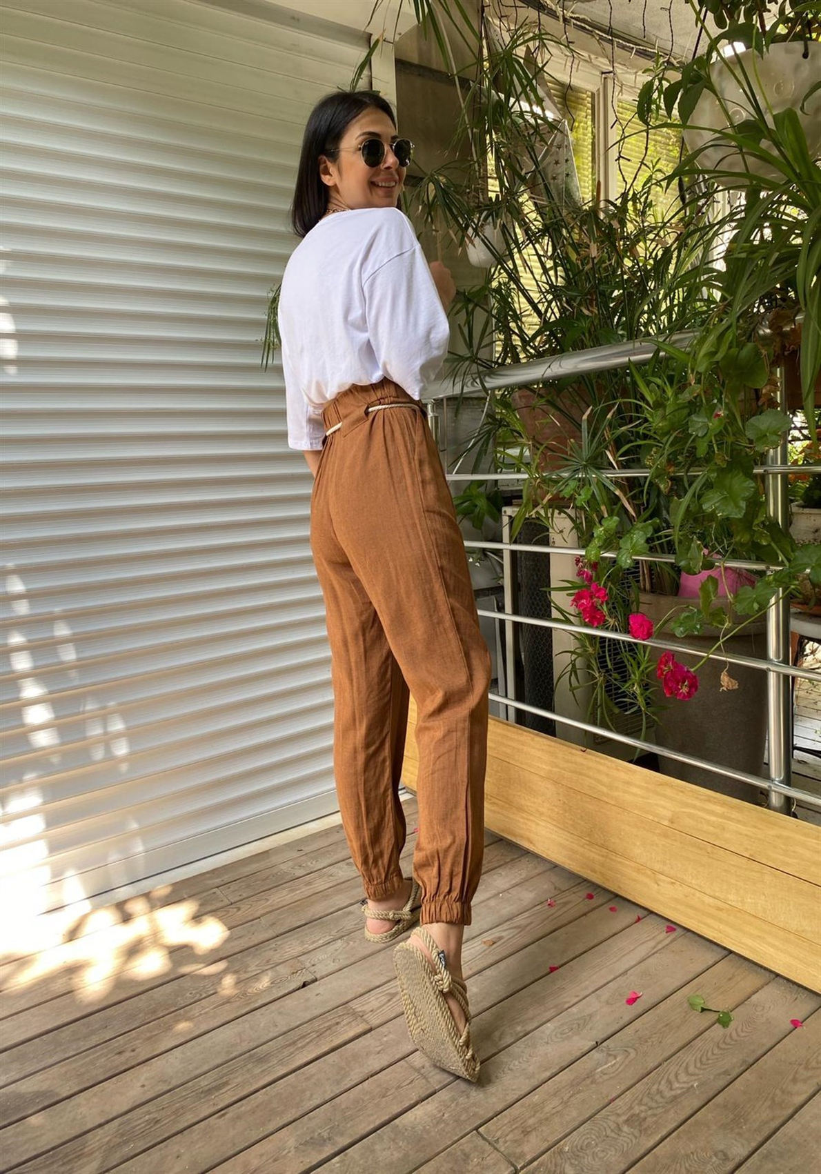 Kahve Bağcıklı Keten Pantolon