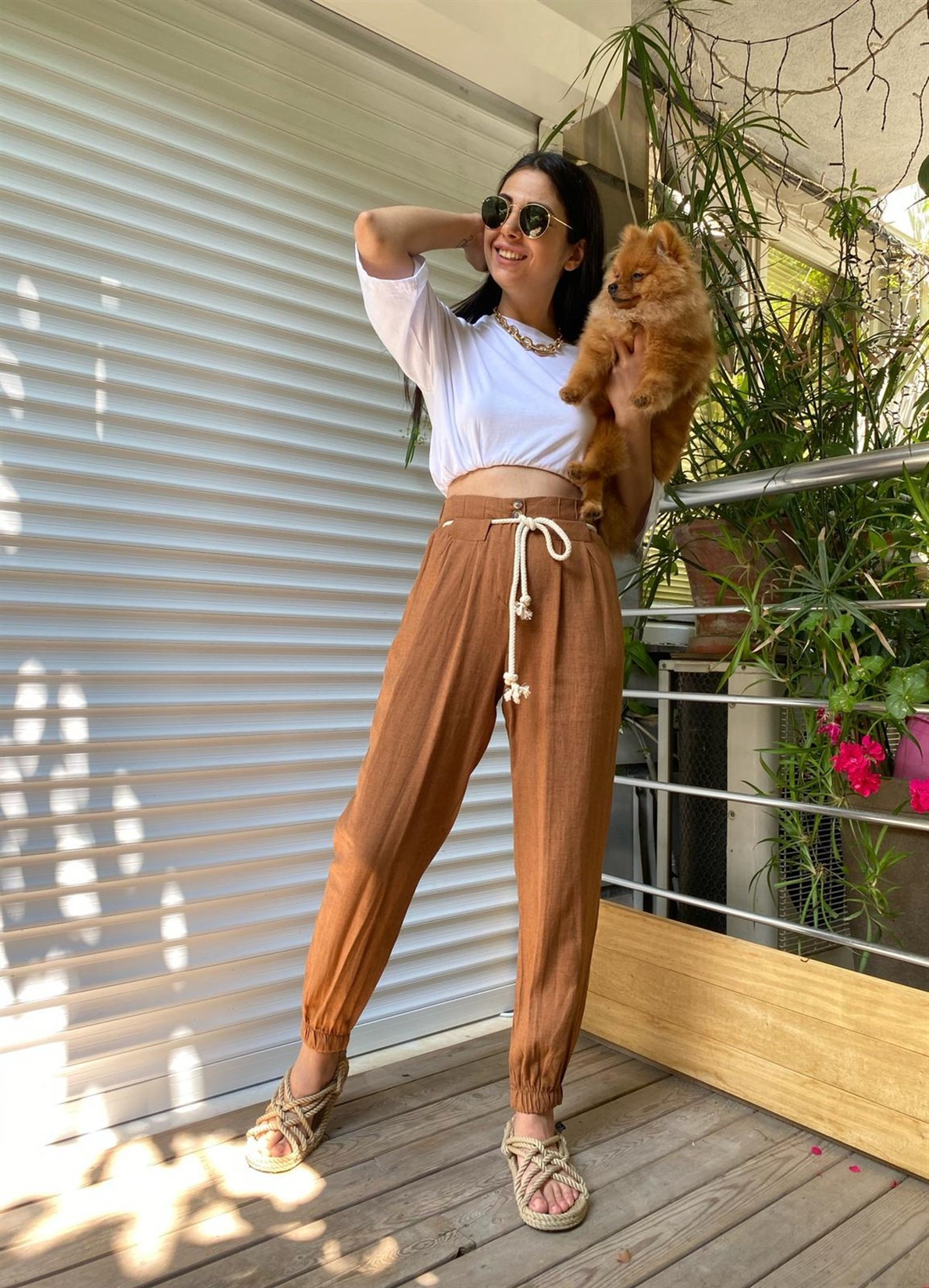Kahve Bağcıklı Keten Pantolon