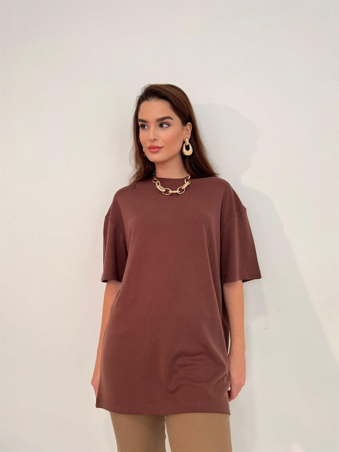 Kahve Bisiklet Yaka Oversize Basic Tshirt