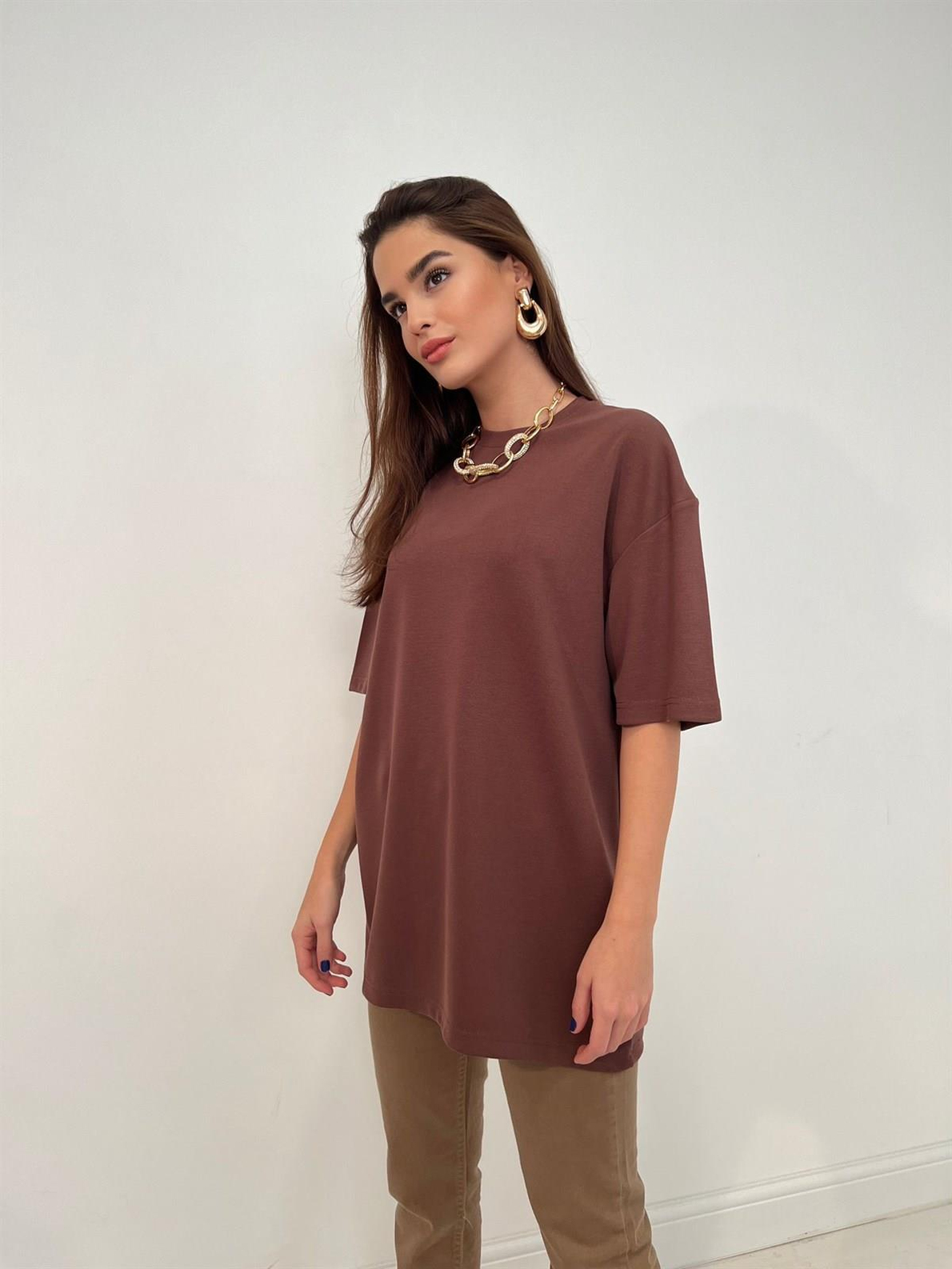 Kahve Bisiklet Yaka Oversize Basic Tshirt