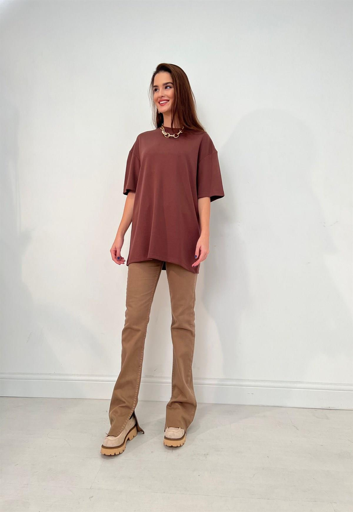 Kahve Bisiklet Yaka Oversize Basic Tshirt