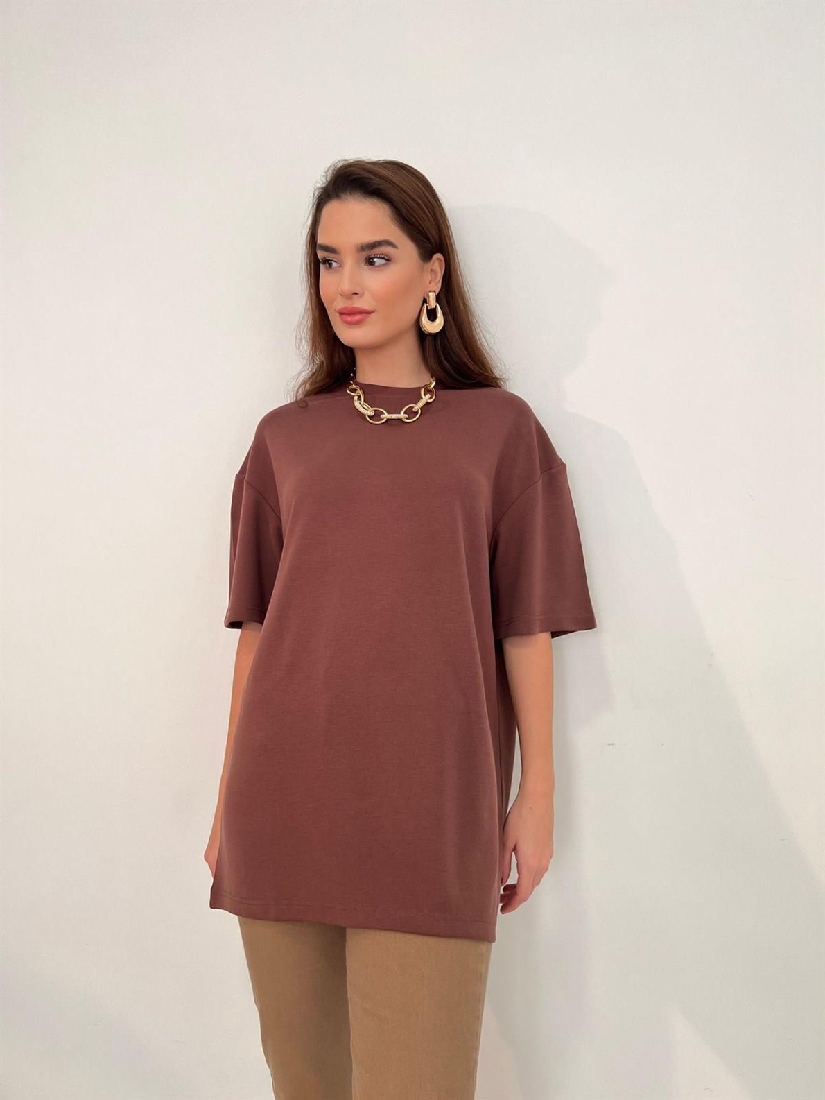 Kahve Bisiklet Yaka Oversize Basic Tshirt