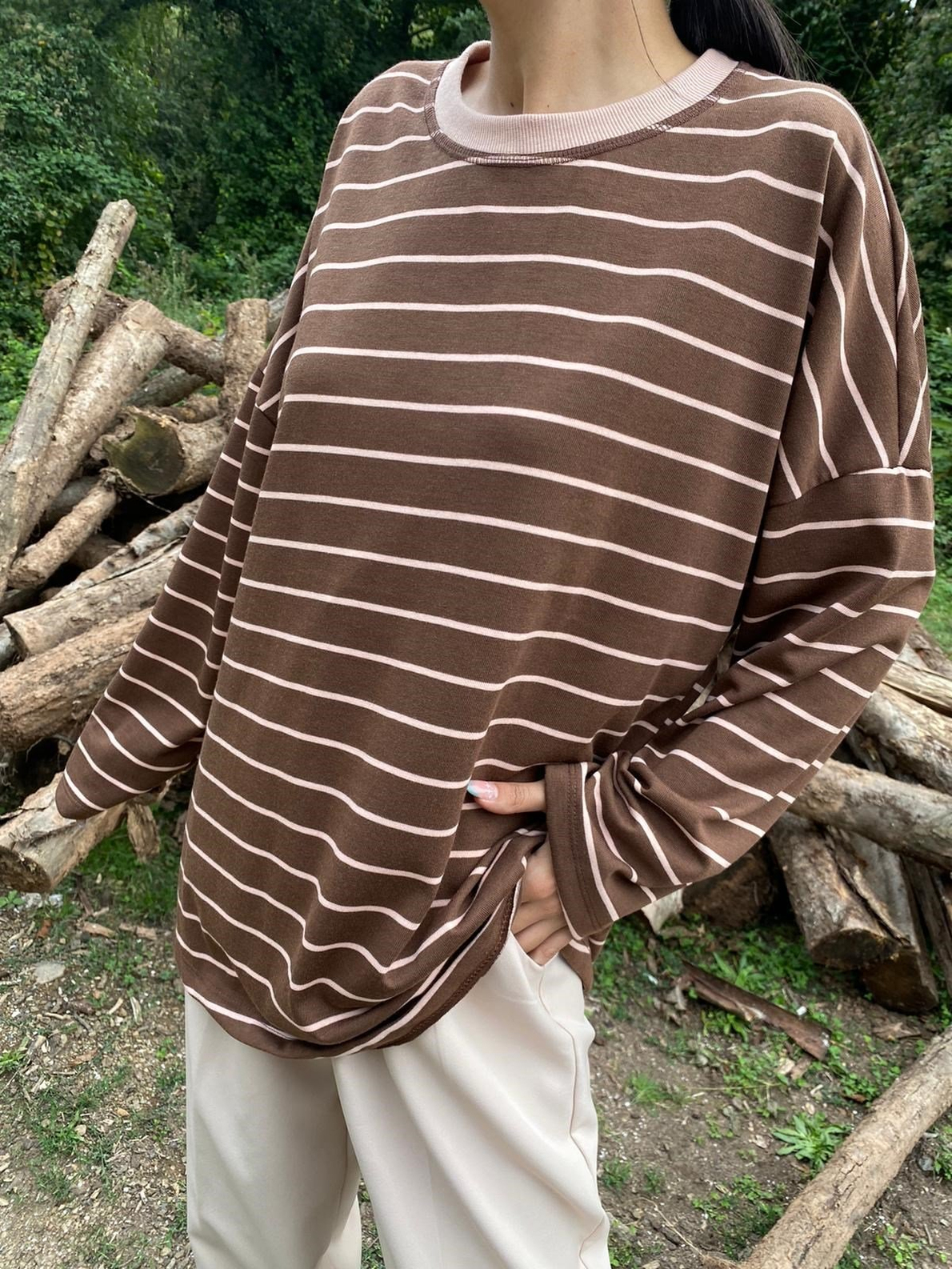 Kahve Çizgili Sweatshirt