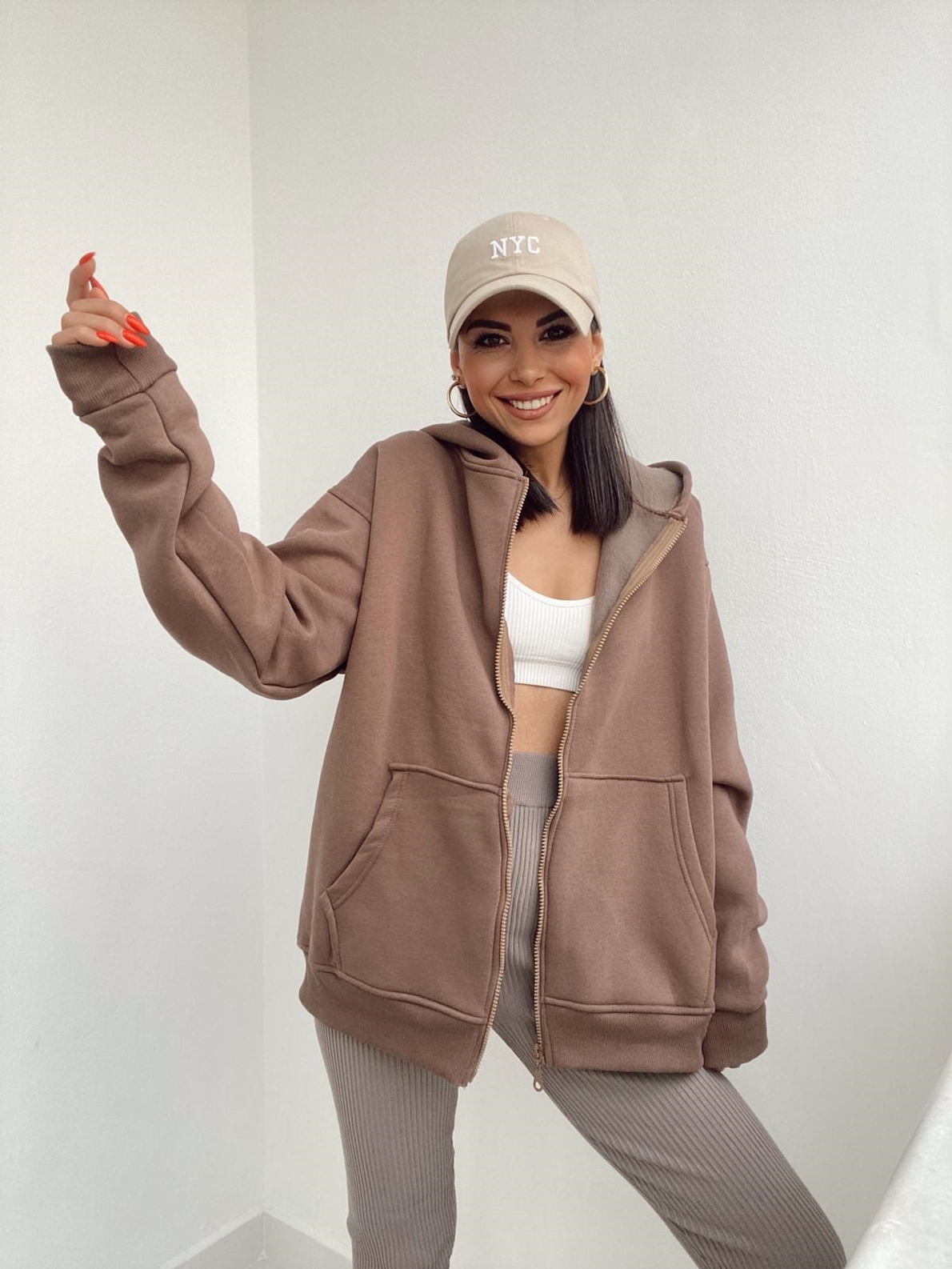 Kahve Fermuarlı Kapüşonlu Sweatshirt