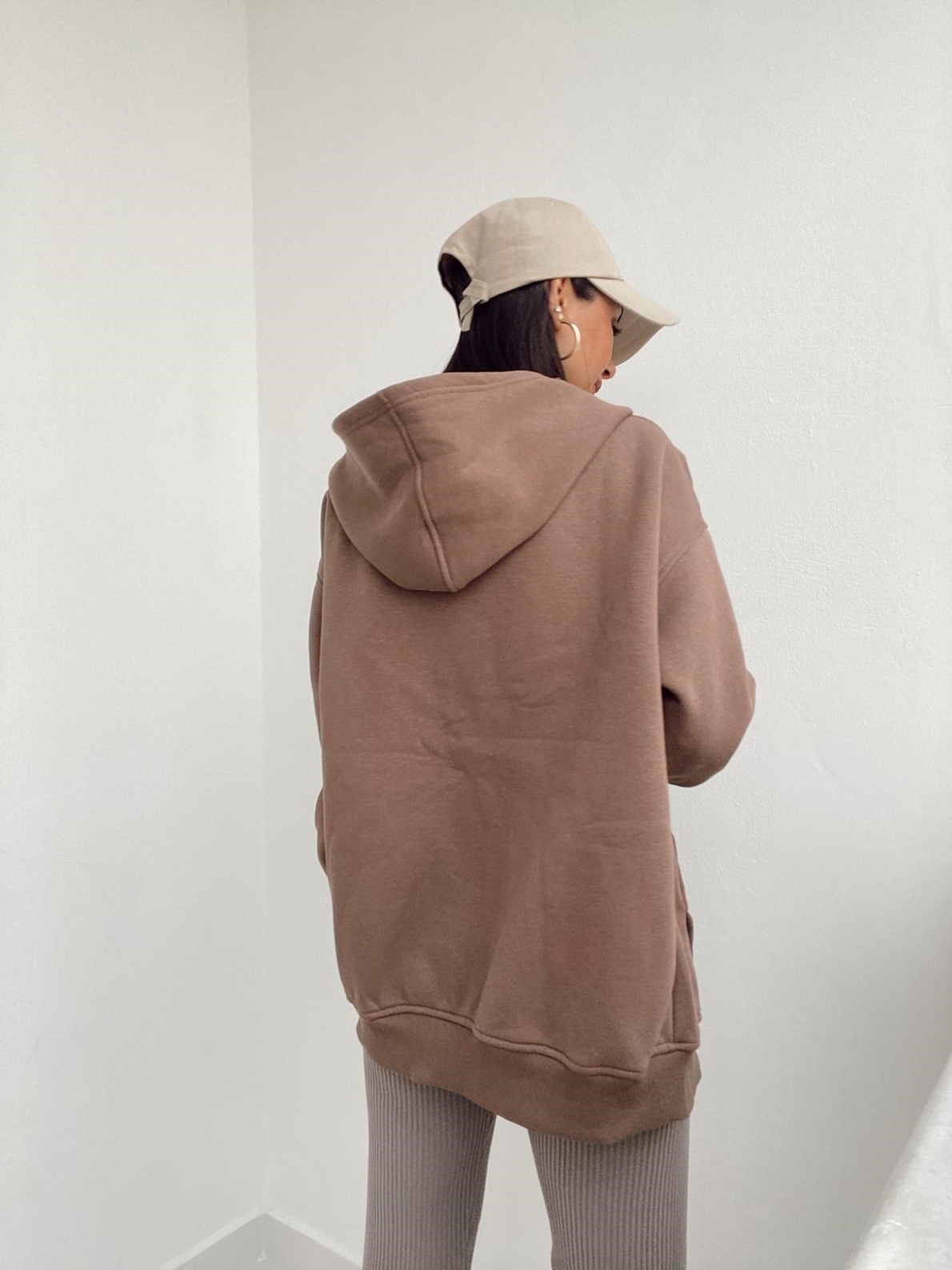 Kahve Fermuarlı Kapüşonlu Sweatshirt