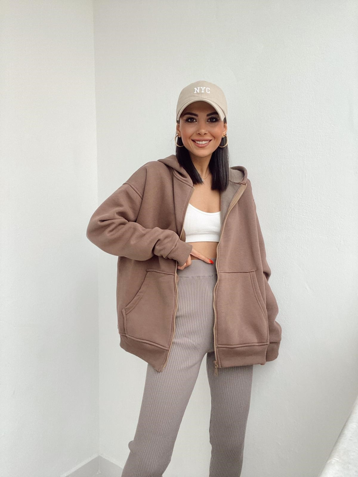 Kahve Fermuarlı Kapüşonlu Sweatshirt