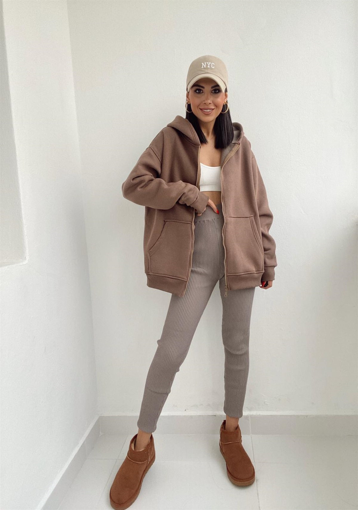 Kahve Fermuarlı Kapüşonlu Sweatshirt