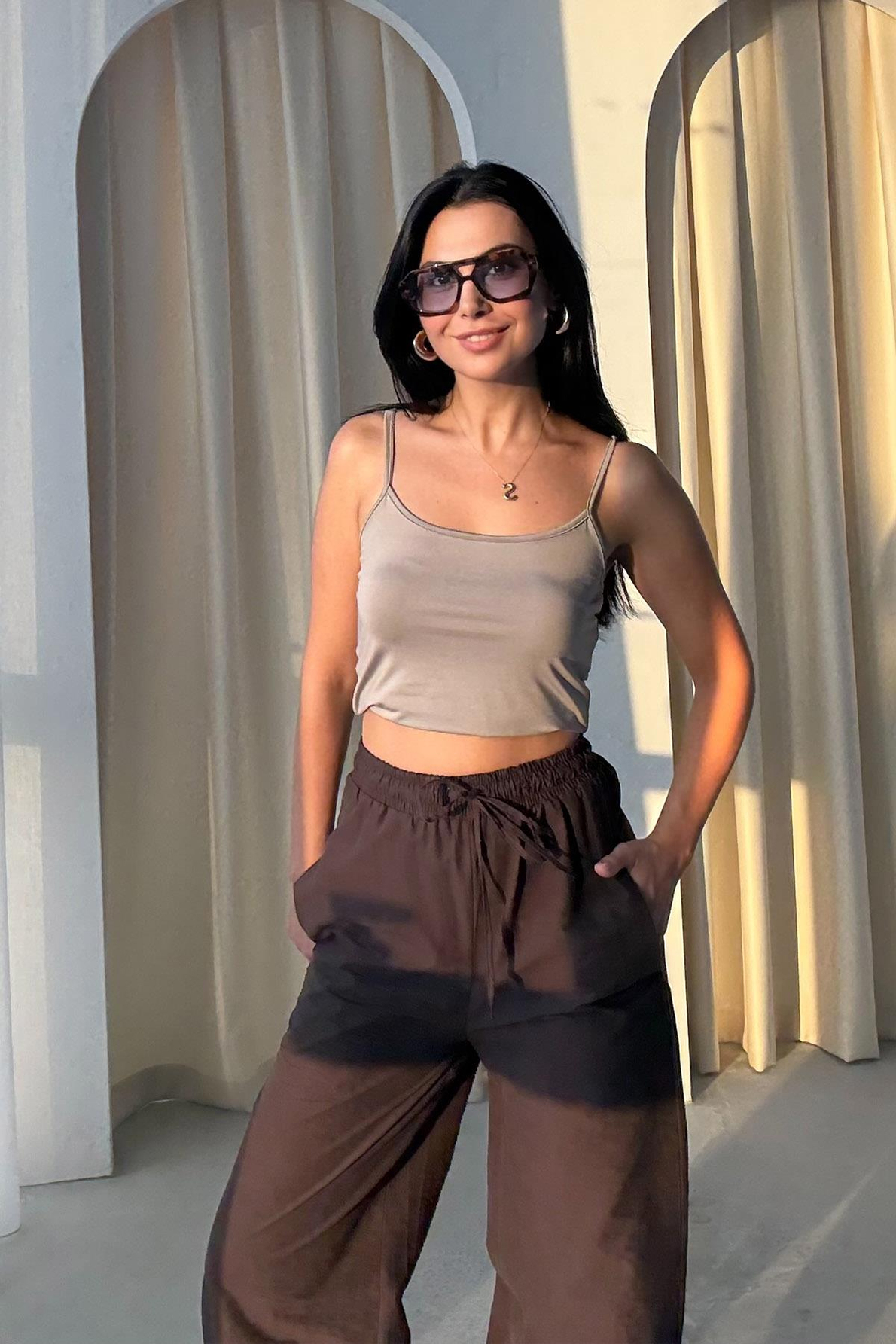 Kahve Paçası Lastikli Balon Pantolon