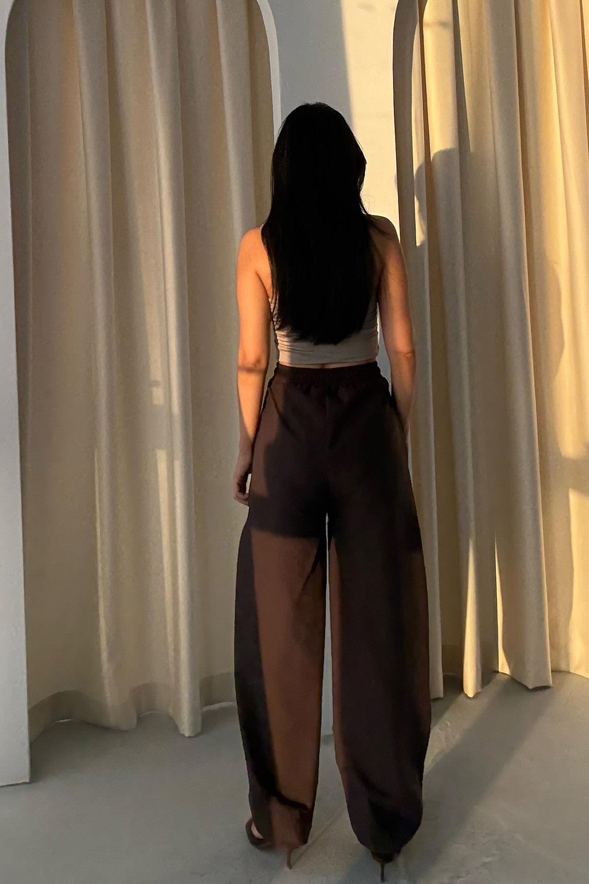 Kahve Paçası Lastikli Balon Pantolon