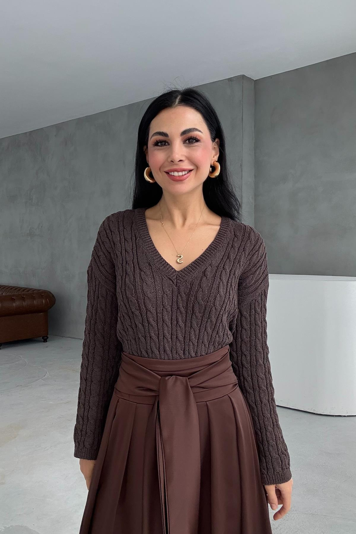 Kahve Şal Detay Bağlamalı Maxi Etek