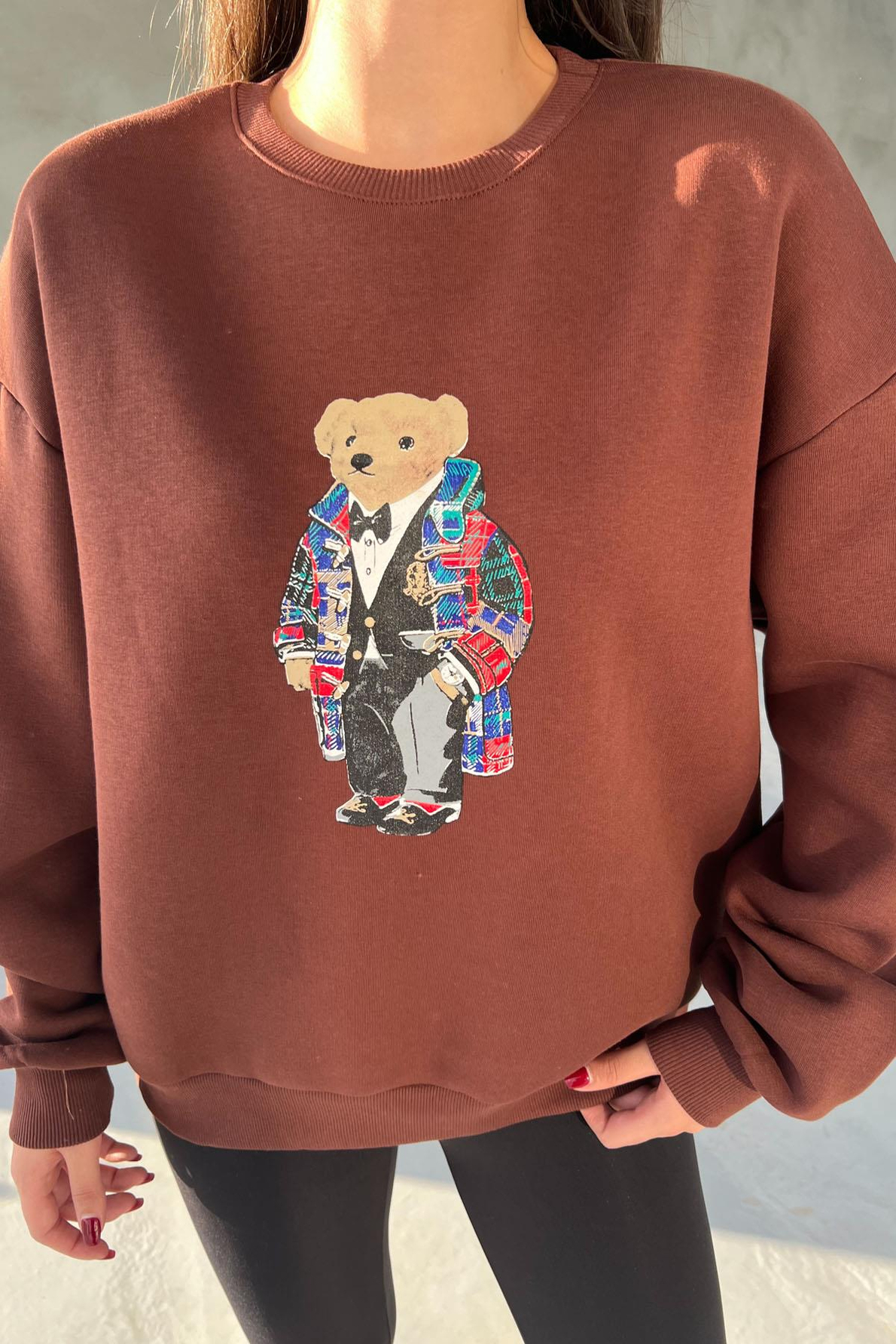 Kahve Teddy Bear Baskılı Sweatshirt