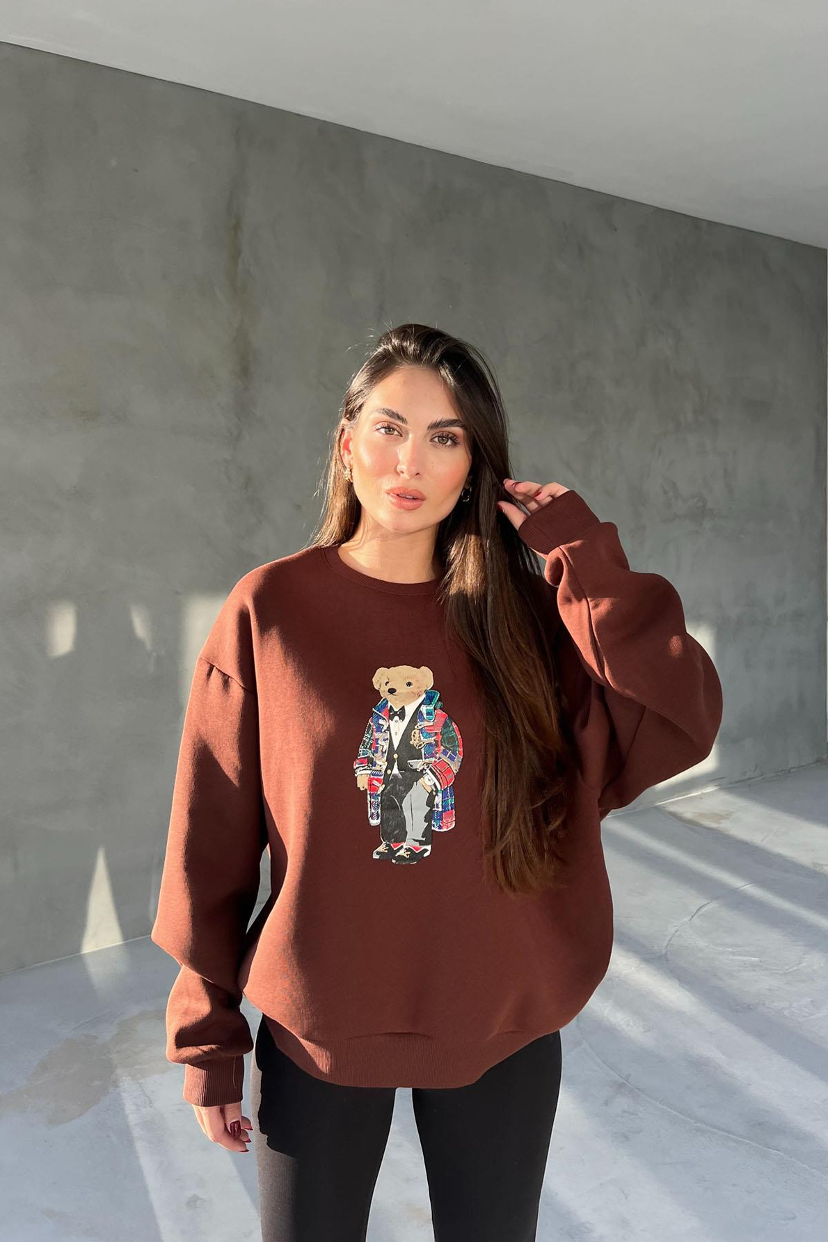 Kahve Teddy Bear Baskılı Sweatshirt