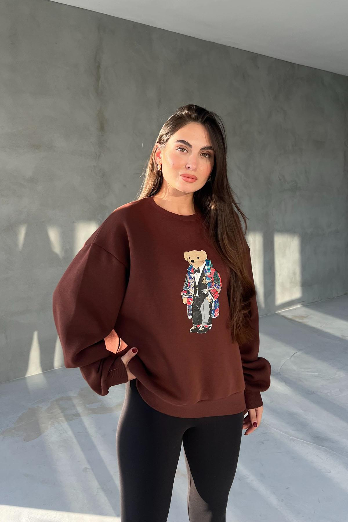 Kahve Teddy Bear Baskılı Sweatshirt