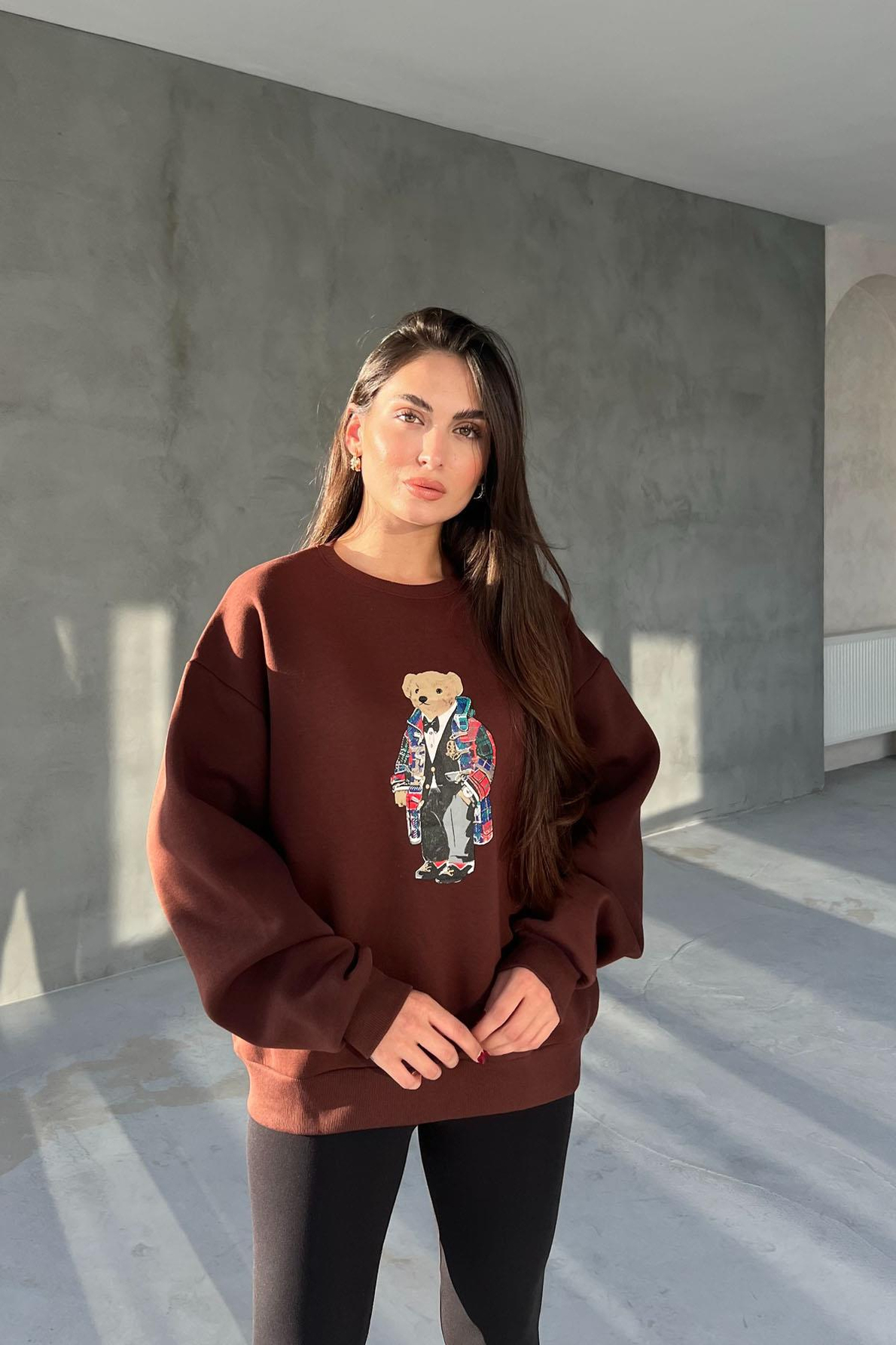 Kahve Teddy Bear Baskılı Sweatshirt