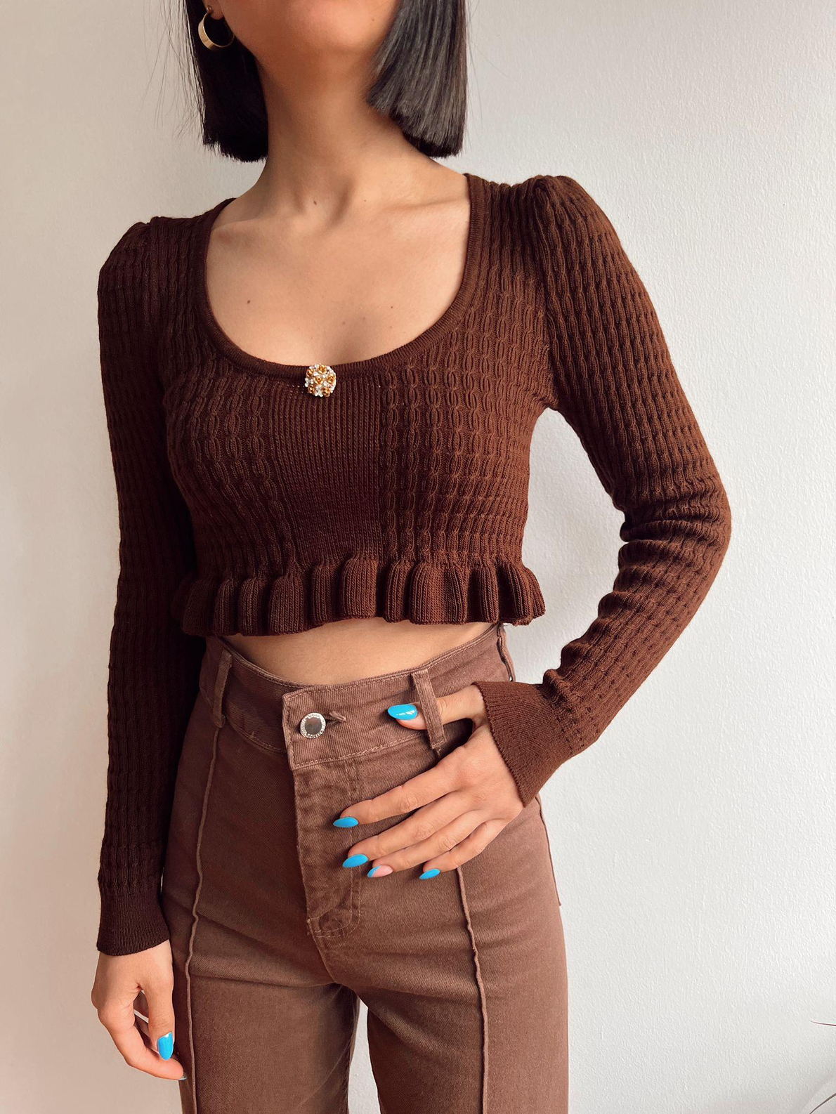 Kahve Tek Düğmeli Crop Triko