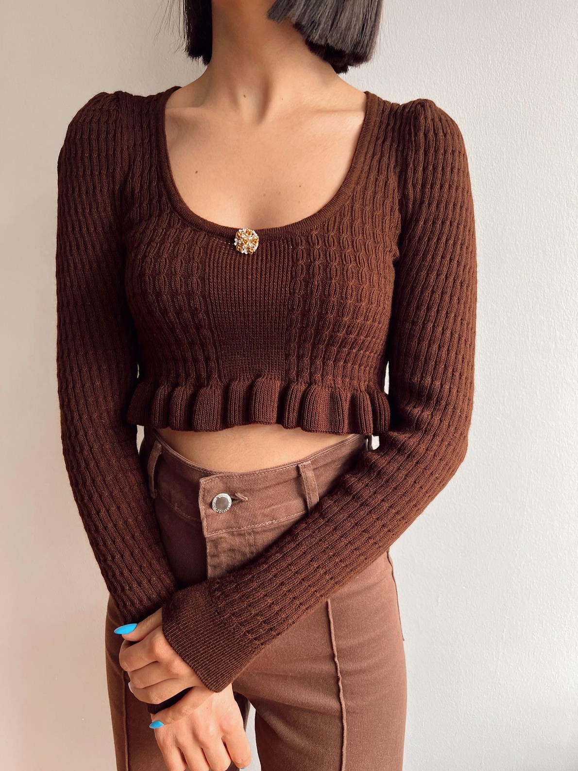 Kahve Tek Düğmeli Crop Triko