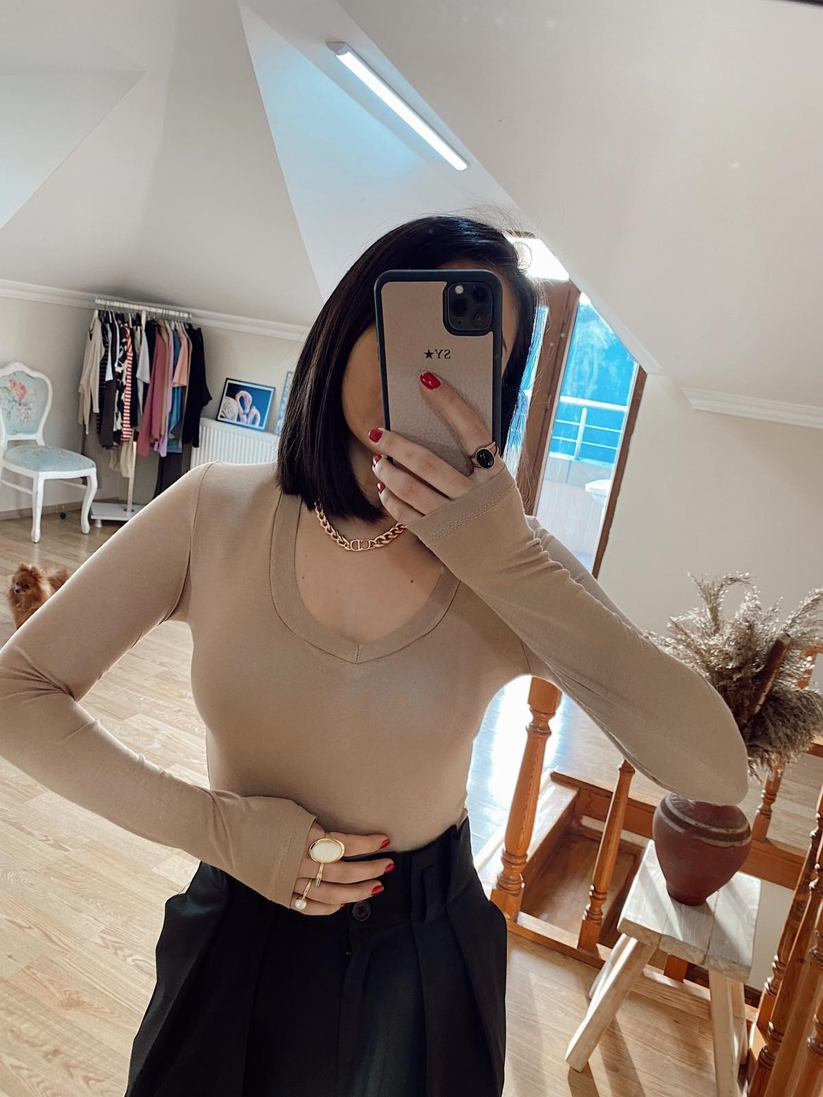 Kahve V Yaka Bodysuit