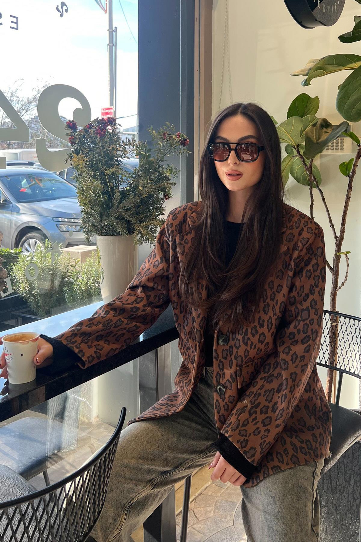 Kahverengi Leopar Desenli Çift Düğmeli Ceket