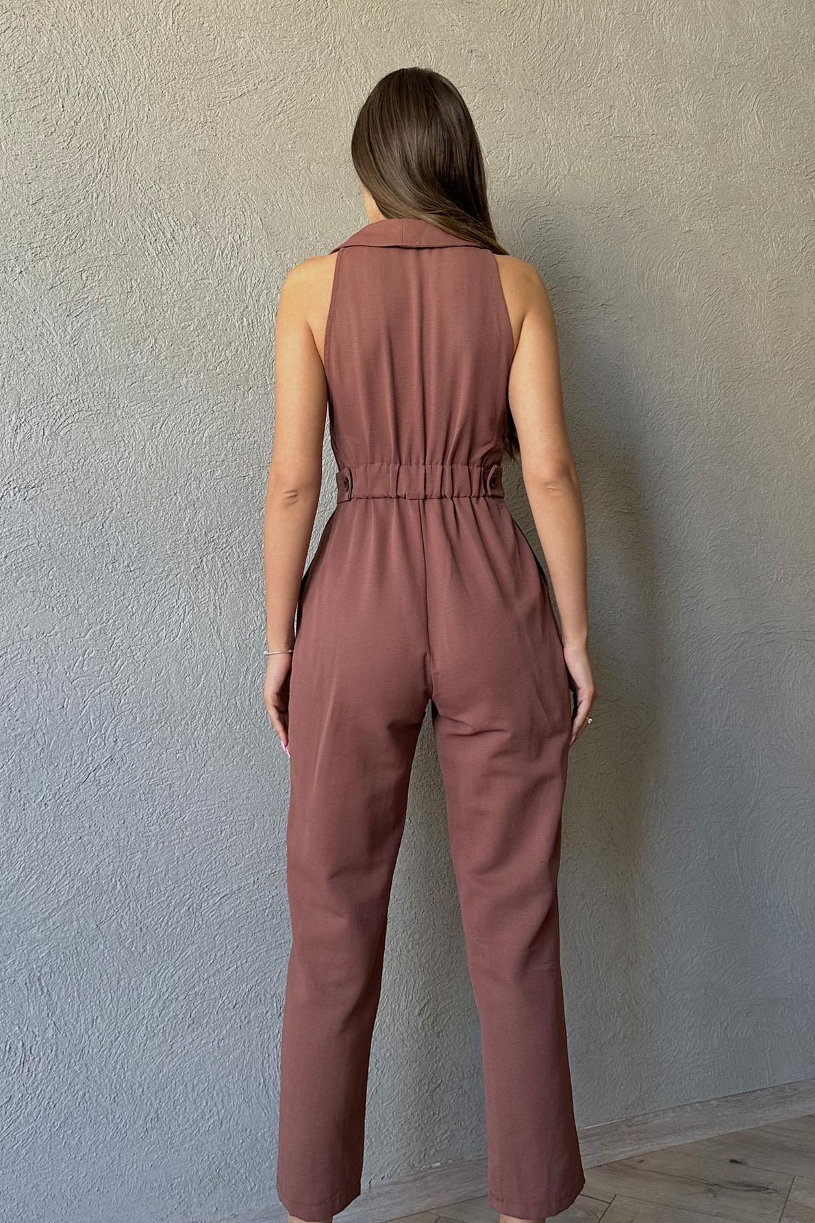 Kahverengi Sıfır Kol Şal Yaka Tulum
