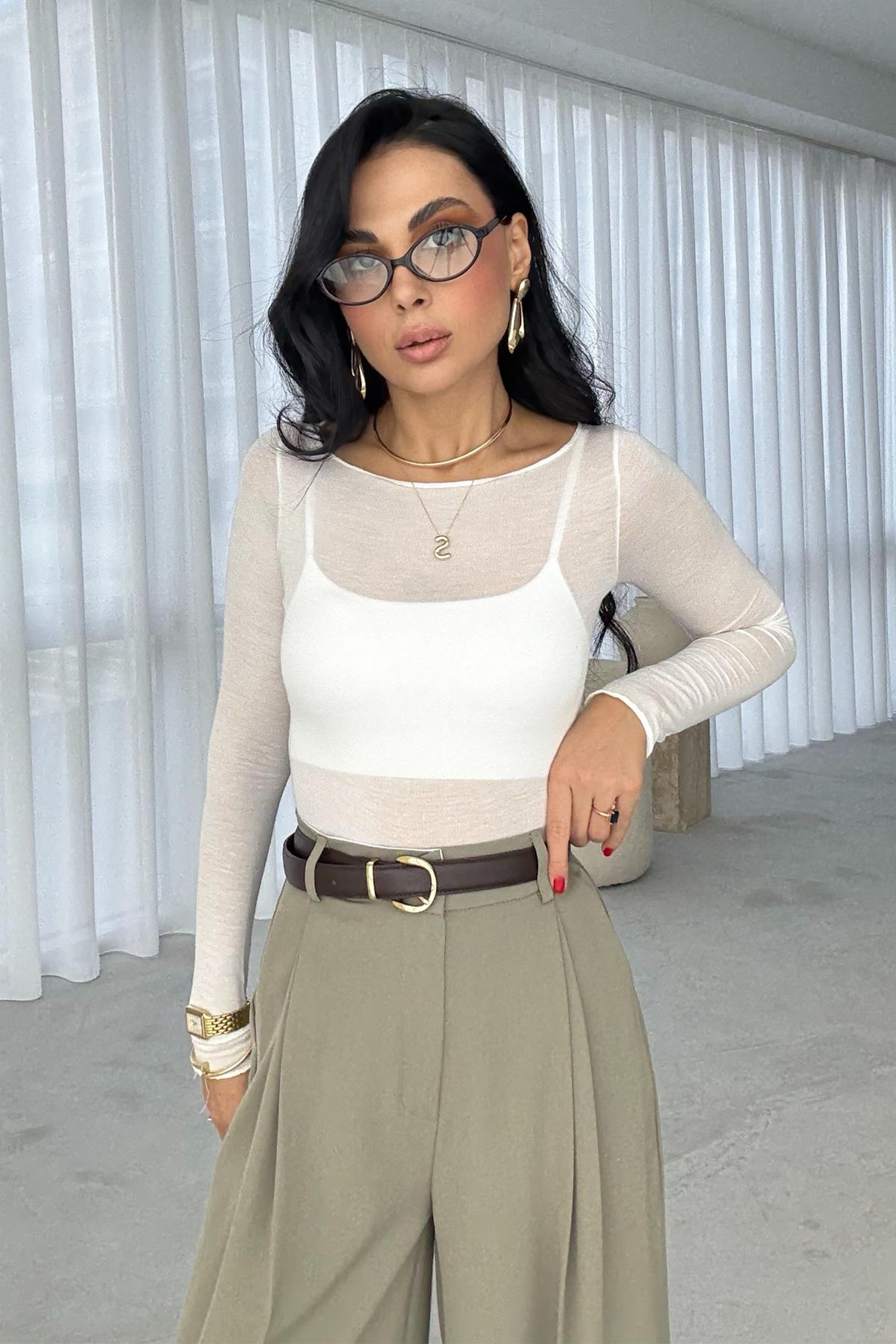 Kayık Yaka Kaşmir Ekru Transparan Body