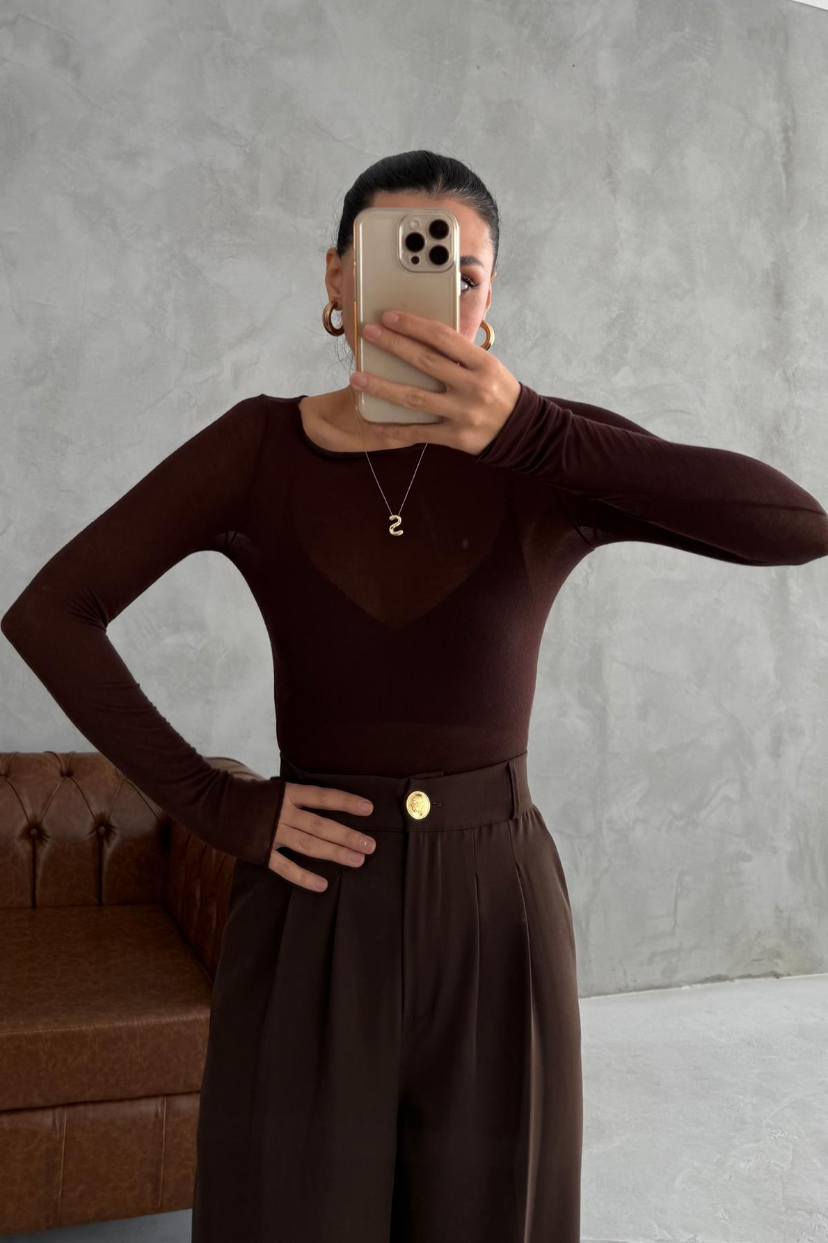 Kayık Yaka Kaşmir Kahve Transparan Body