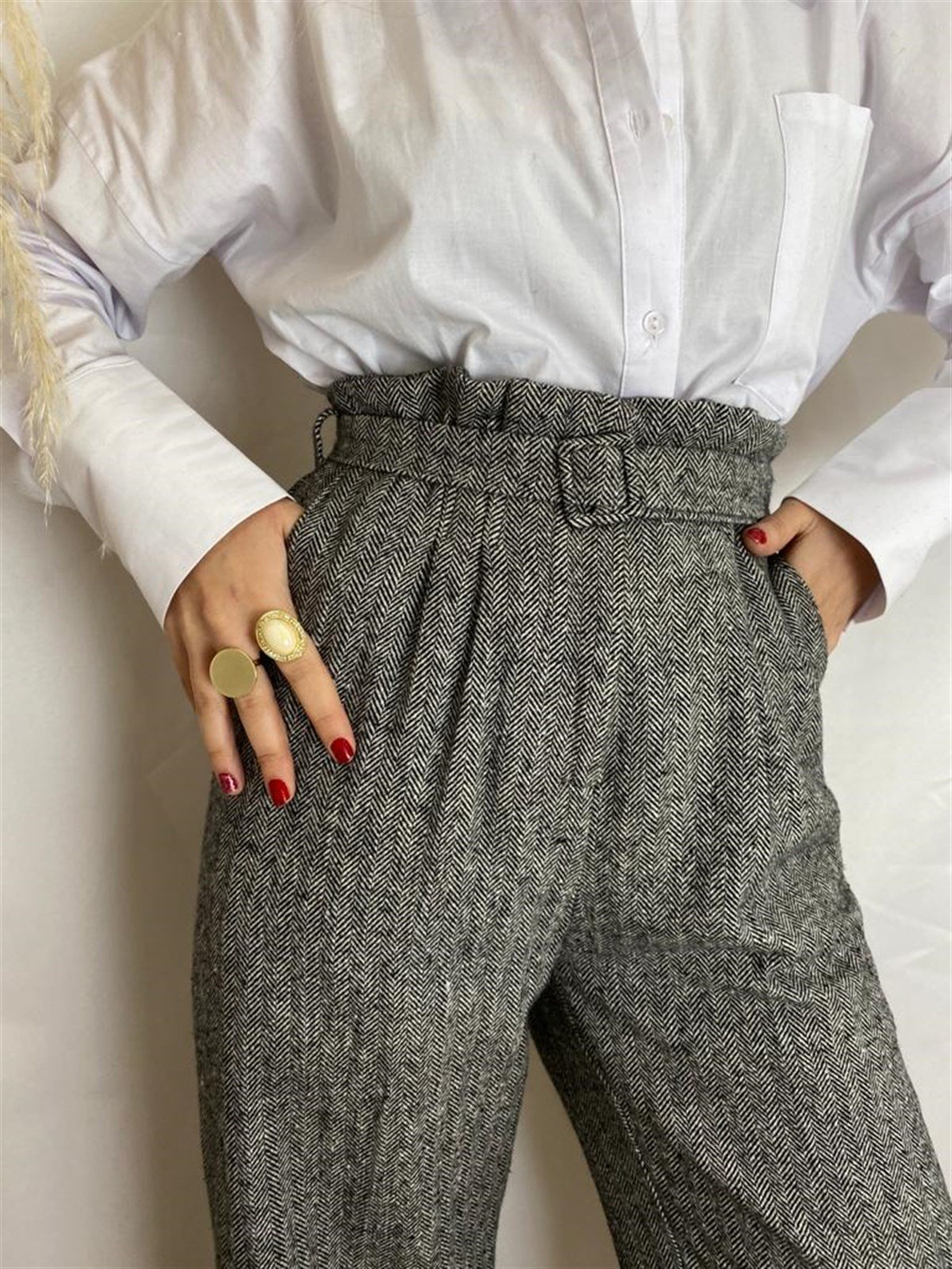 Kemerli Bol Paça Pantolon Gri