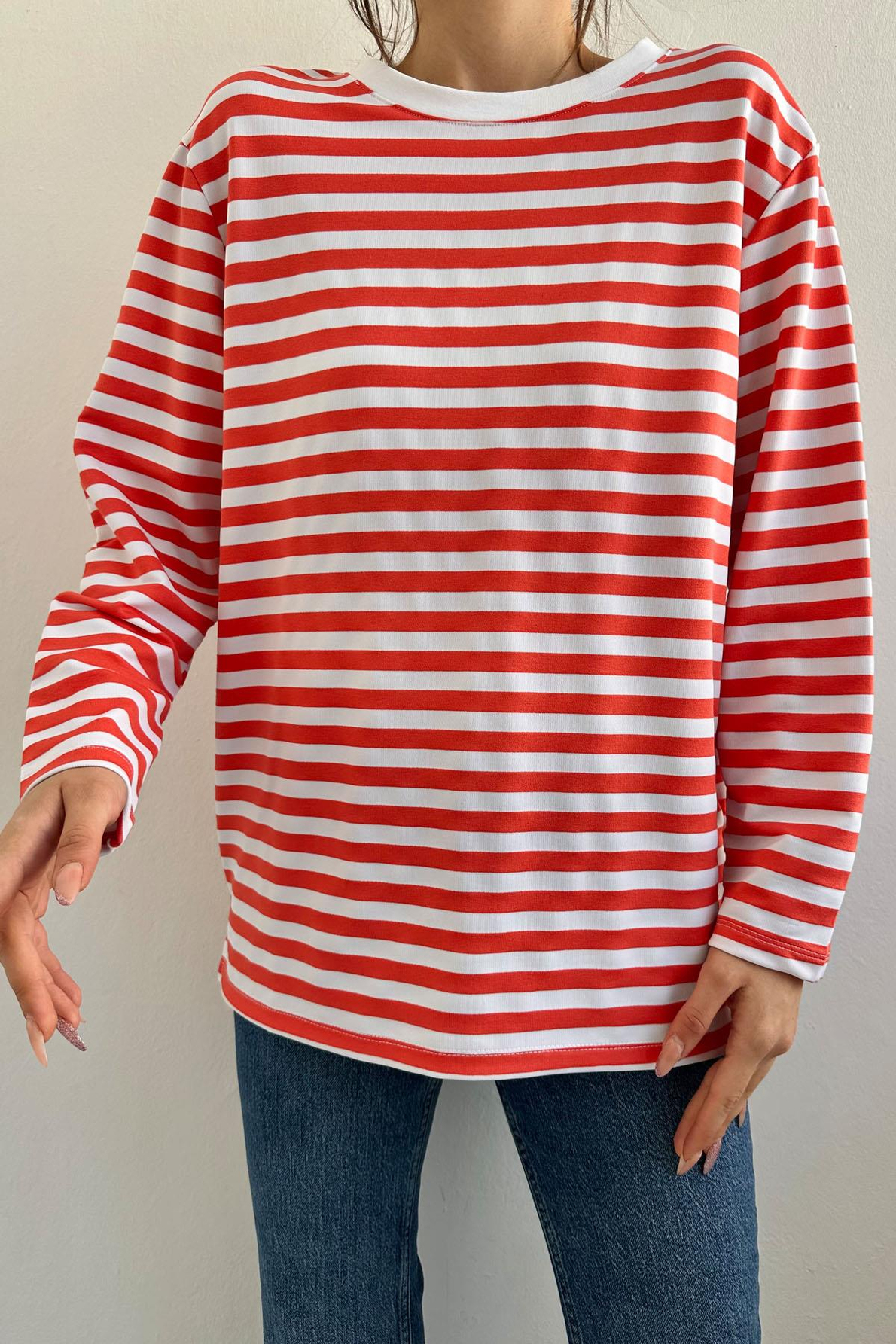Kırmızı Çizgili Bisiklet Yaka Oversize Kadın Sweatshirt