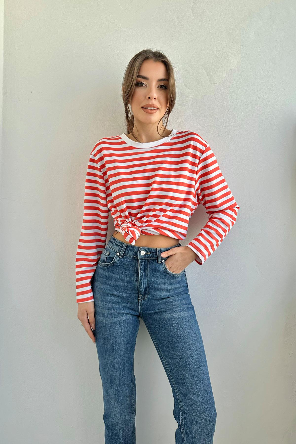 Kırmızı Çizgili Bisiklet Yaka Oversize Kadın Sweatshirt