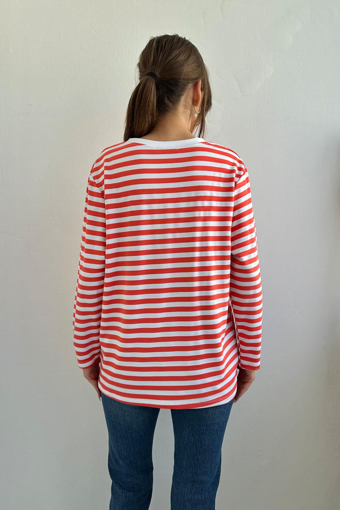 Kırmızı Çizgili Bisiklet Yaka Oversize Kadın Sweatshirt