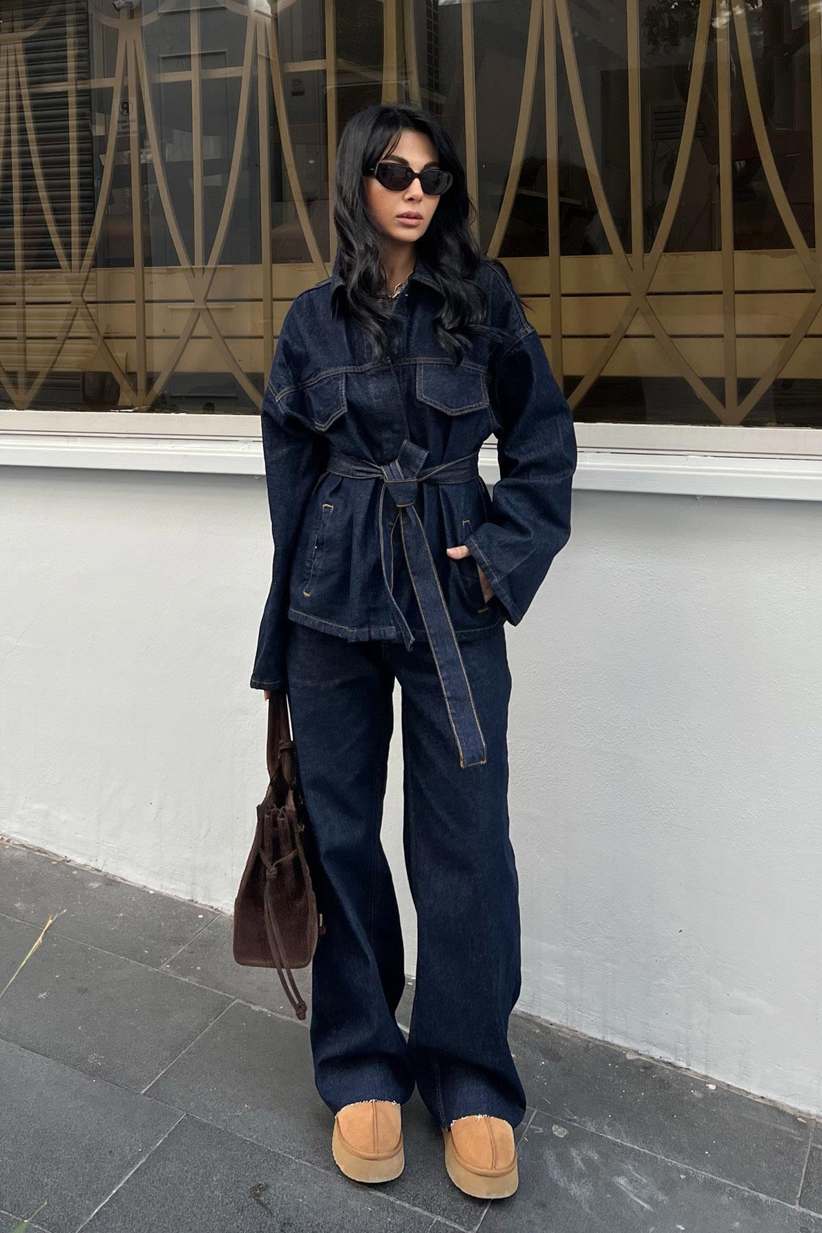 Koyu Lacivert Beli Bağlamalı Denim Ceket Pantolon Takım