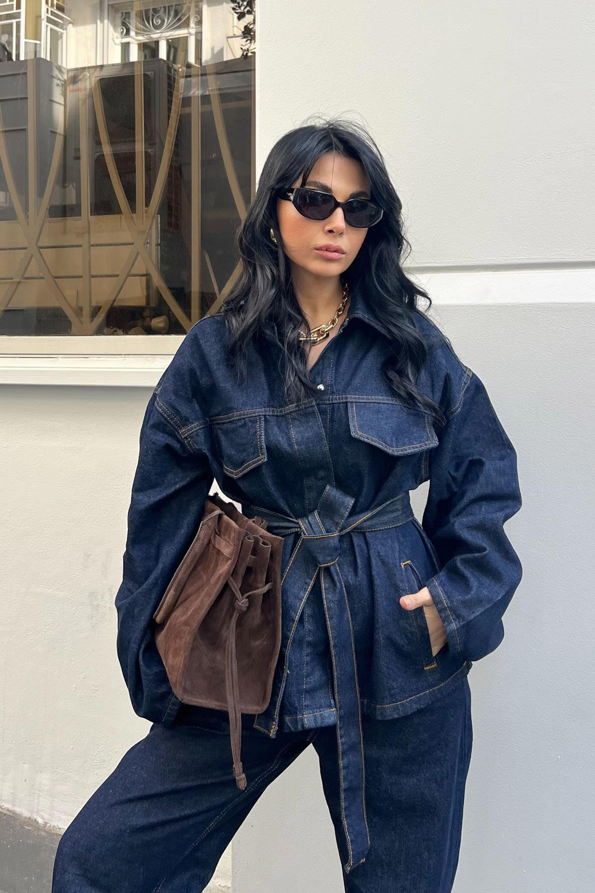 Koyu Lacivert Beli Bağlamalı Denim Ceket Pantolon Takım