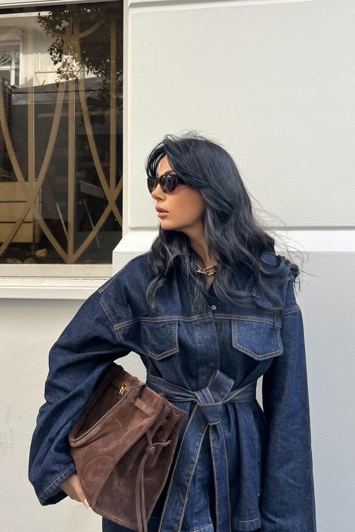 Koyu Lacivert Beli Bağlamalı Denim Ceket Pantolon Takım