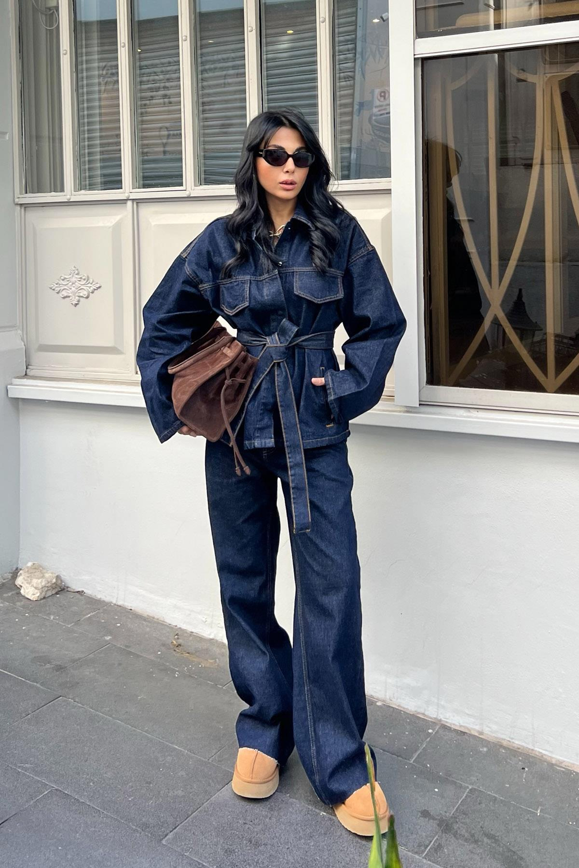 Koyu Lacivert Beli Bağlamalı Denim Ceket Pantolon Takım