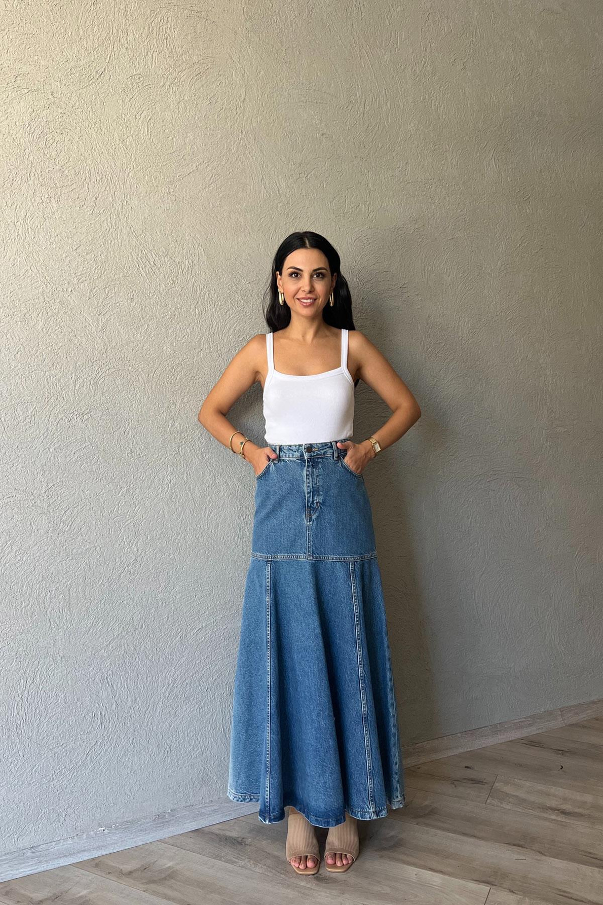 Koyu Mavi Tasarım Midi Boy Denim Etek