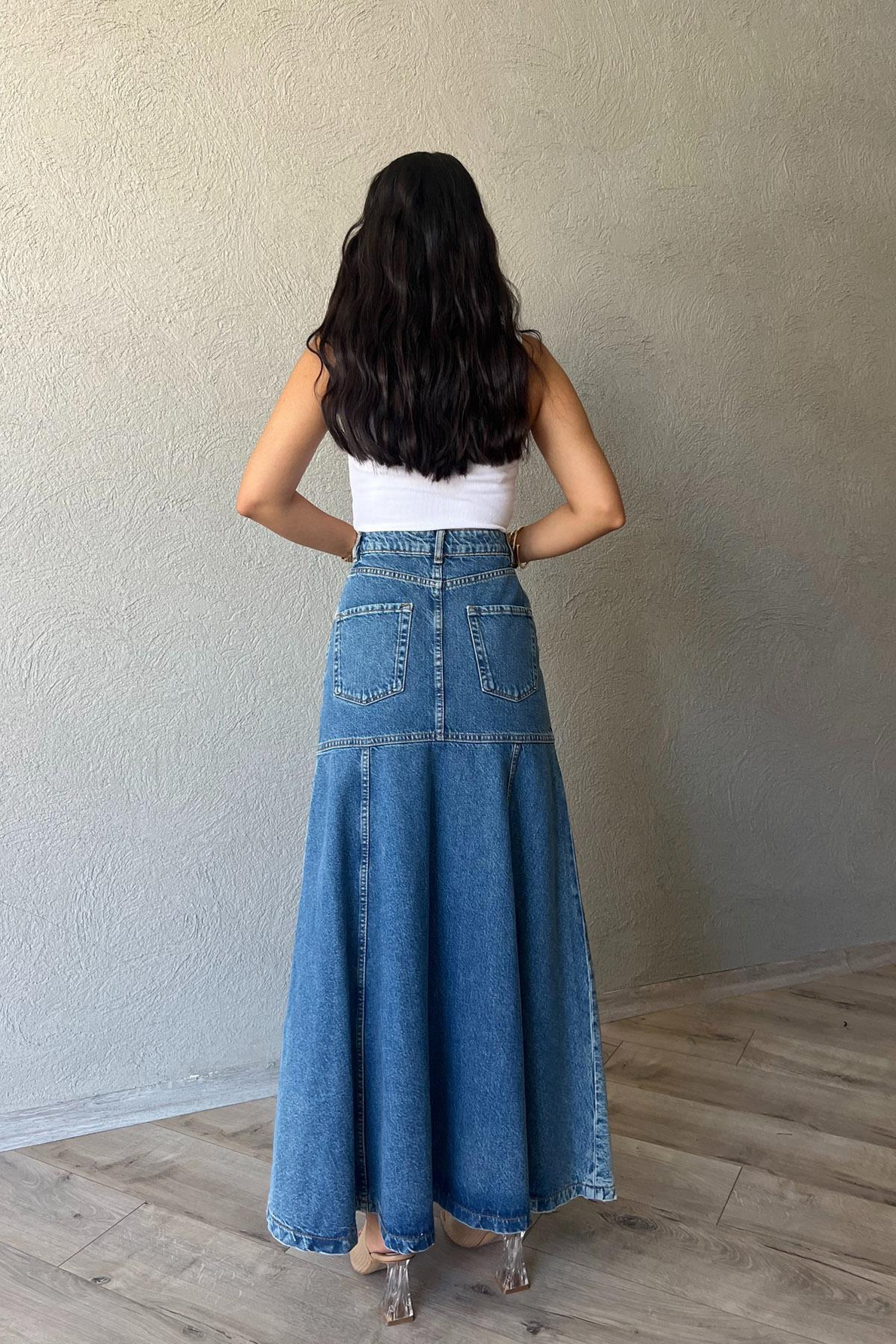 Koyu Mavi Tasarım Midi Boy Denim Etek