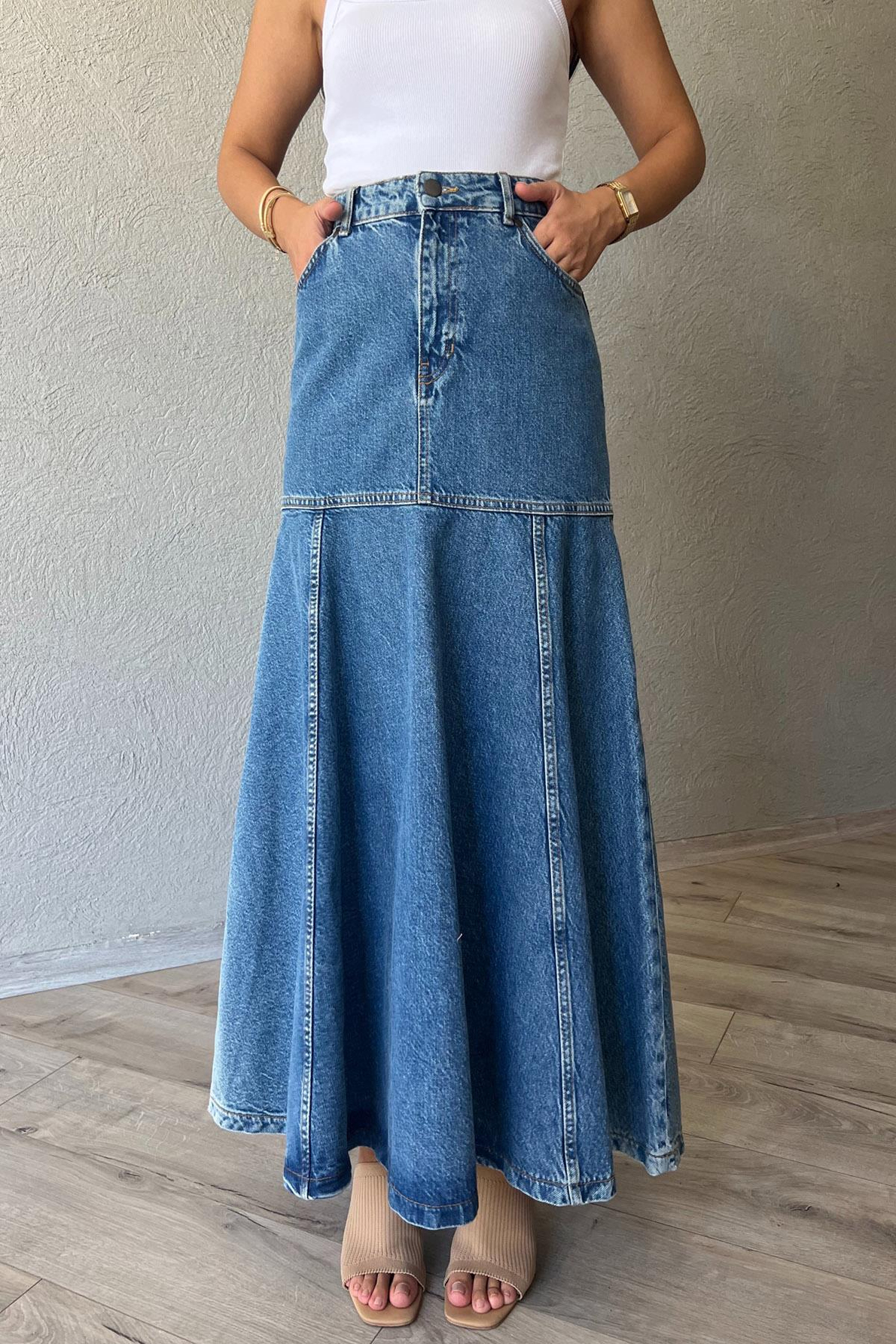 Koyu Mavi Tasarım Midi Boy Denim Etek