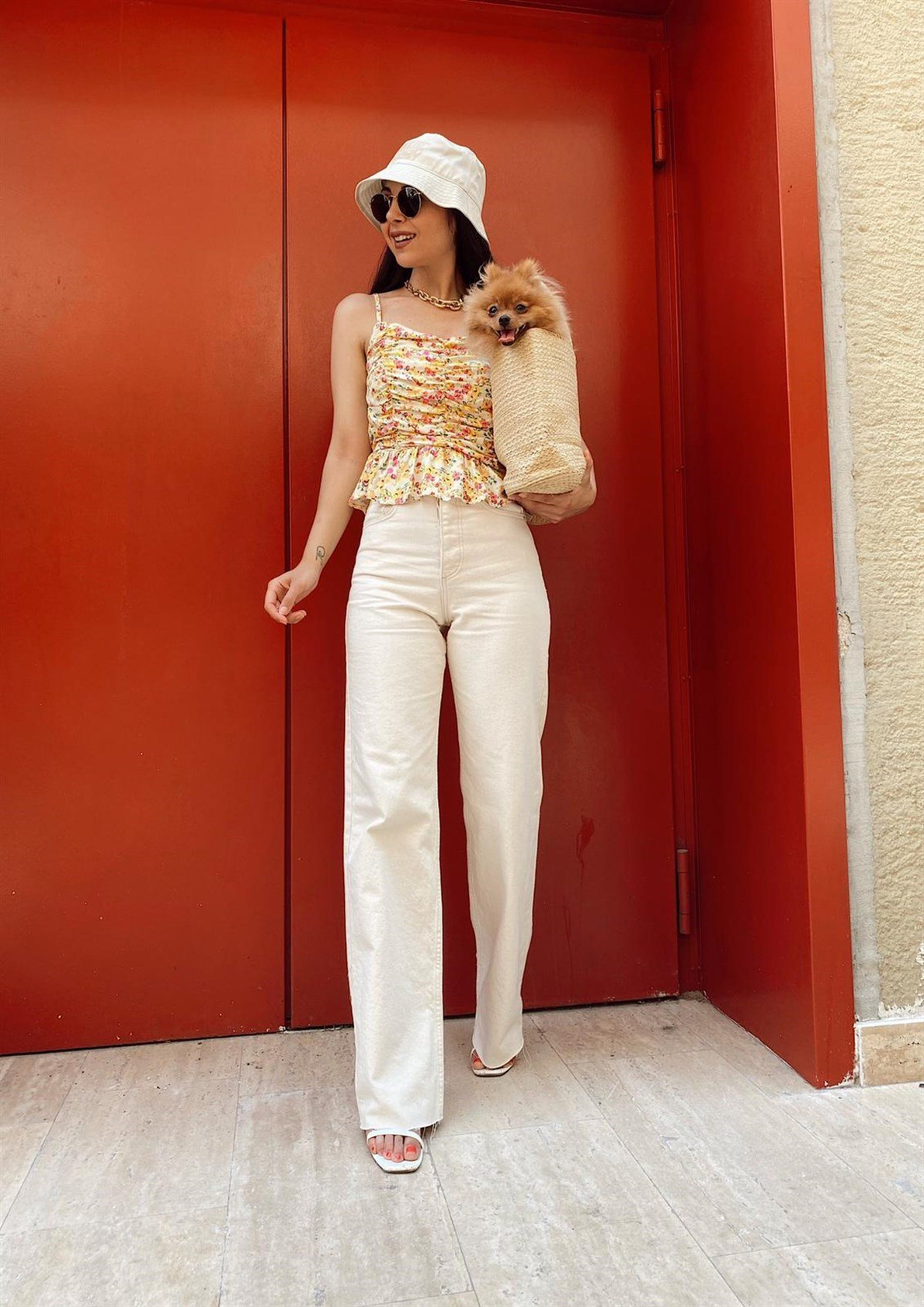 Krem Yüksek Bel Straight Fit Jean