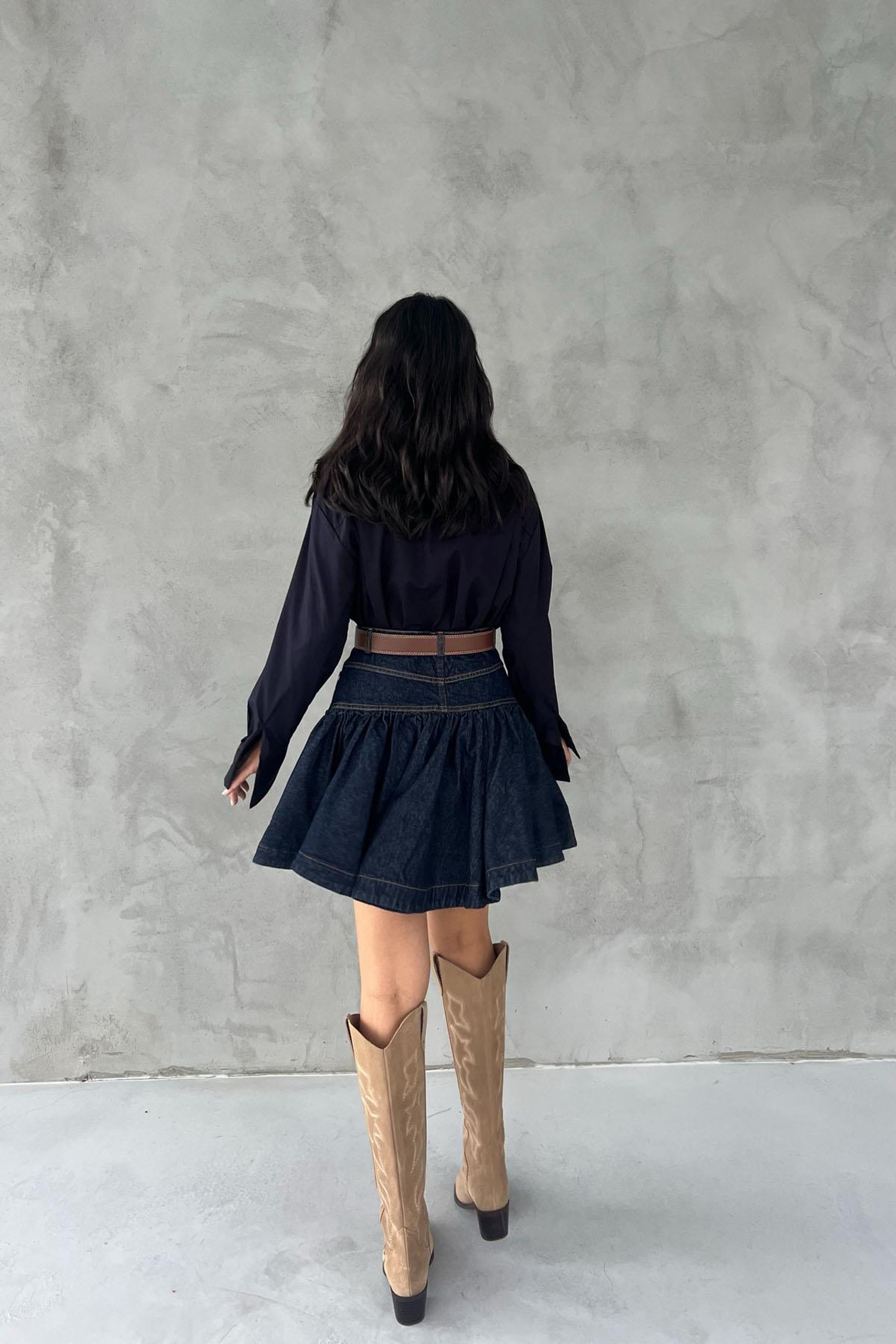Lacivert Drenthe Büzgü Detaylı Kalp Düğmeli Denim Etek