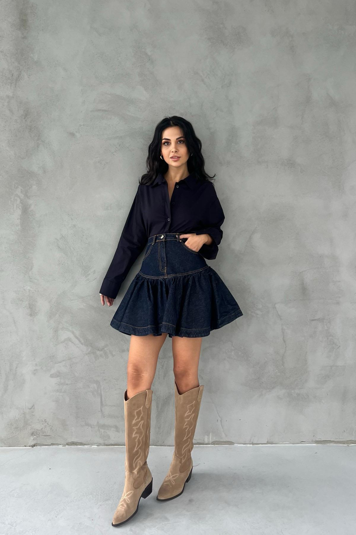 Lacivert Drenthe Büzgü Detaylı Kalp Düğmeli Denim Etek