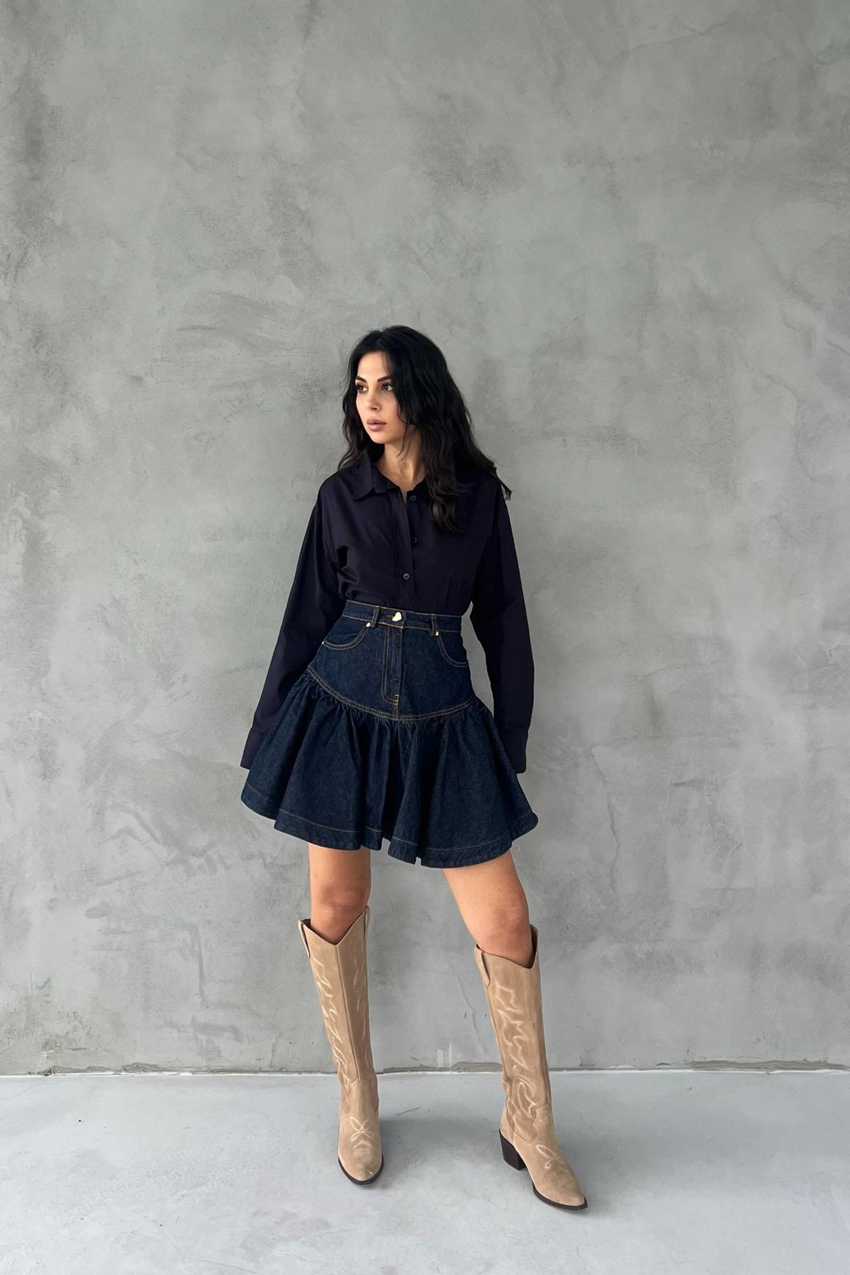 Lacivert Drenthe Büzgü Detaylı Kalp Düğmeli Denim Etek